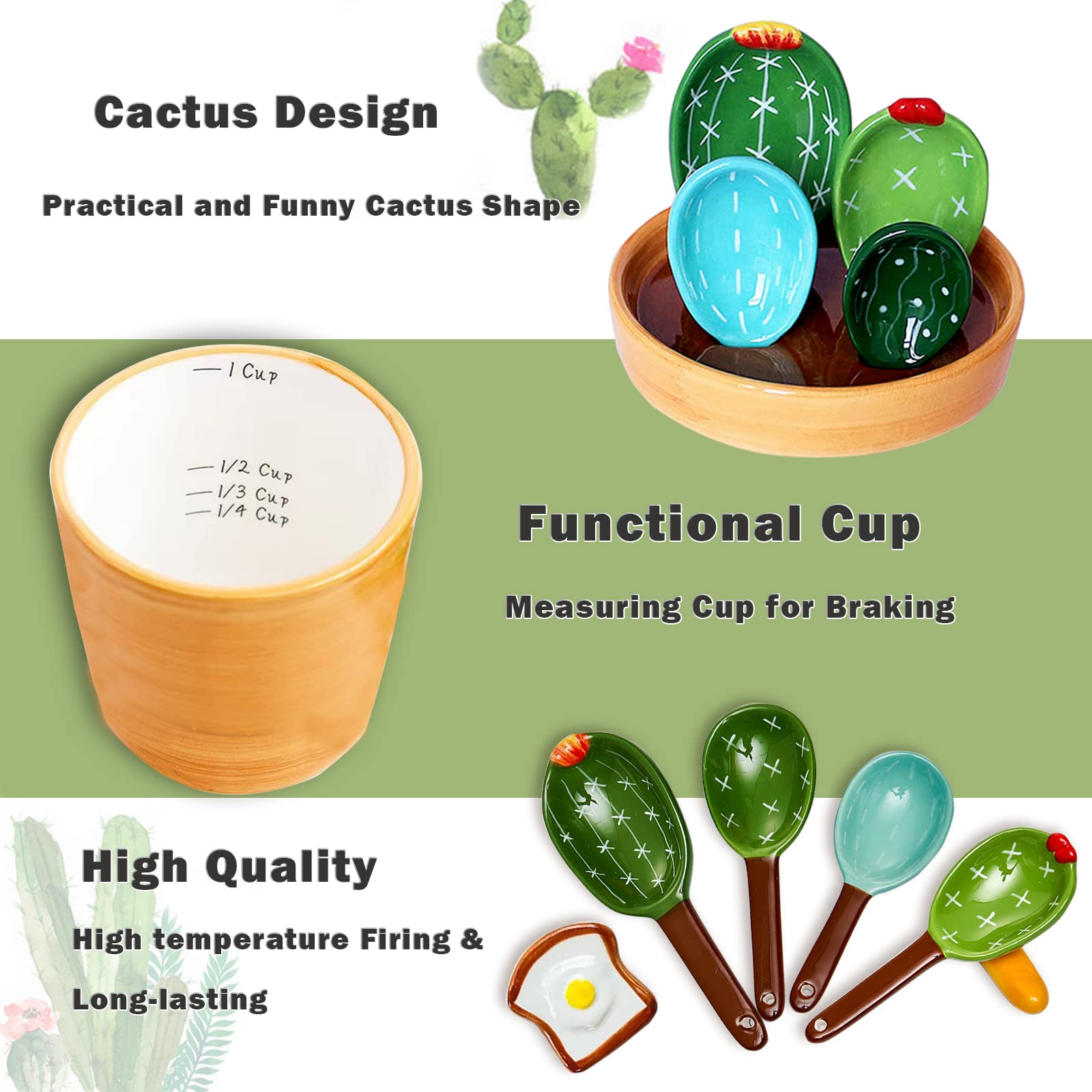 SIRENSKY Cucchiai Dosatori In Ceramica A Forma Di Cactus – Set Da 4 Con Tazza Porta Cactus E Supporto Pane E Uovo