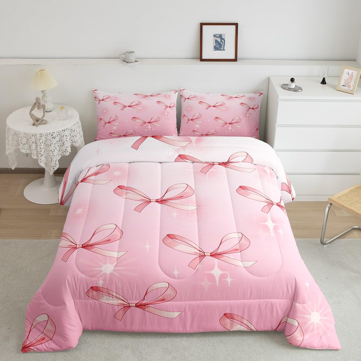Manfei Pink Bowknots Comforter Set Toddler Size,Glitter Starry Bow Dreamy Bedding Set for Kids Teens,Princess Fairy Tale Theme Bow-tie Girly Down Comforter,Pink Duvet Insert,2 Pcs 1 Pillowcase