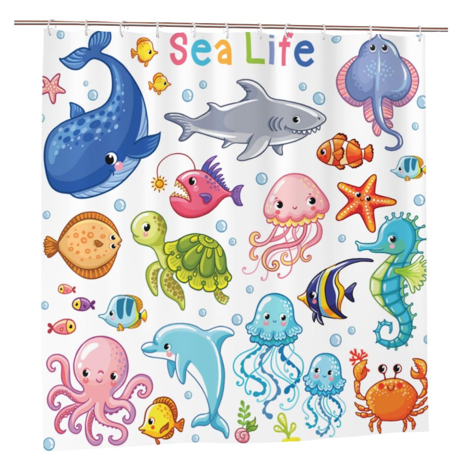 Gearsly Shower Curtains Mould Proof Resistant,Sea Animal Cartoon Fish Shark Octopus Bathroom Curtain With 12 Hooks Waterproof Washable Bath Shower Decor For Wet Room 72" X 72"(183 X 183 cm)