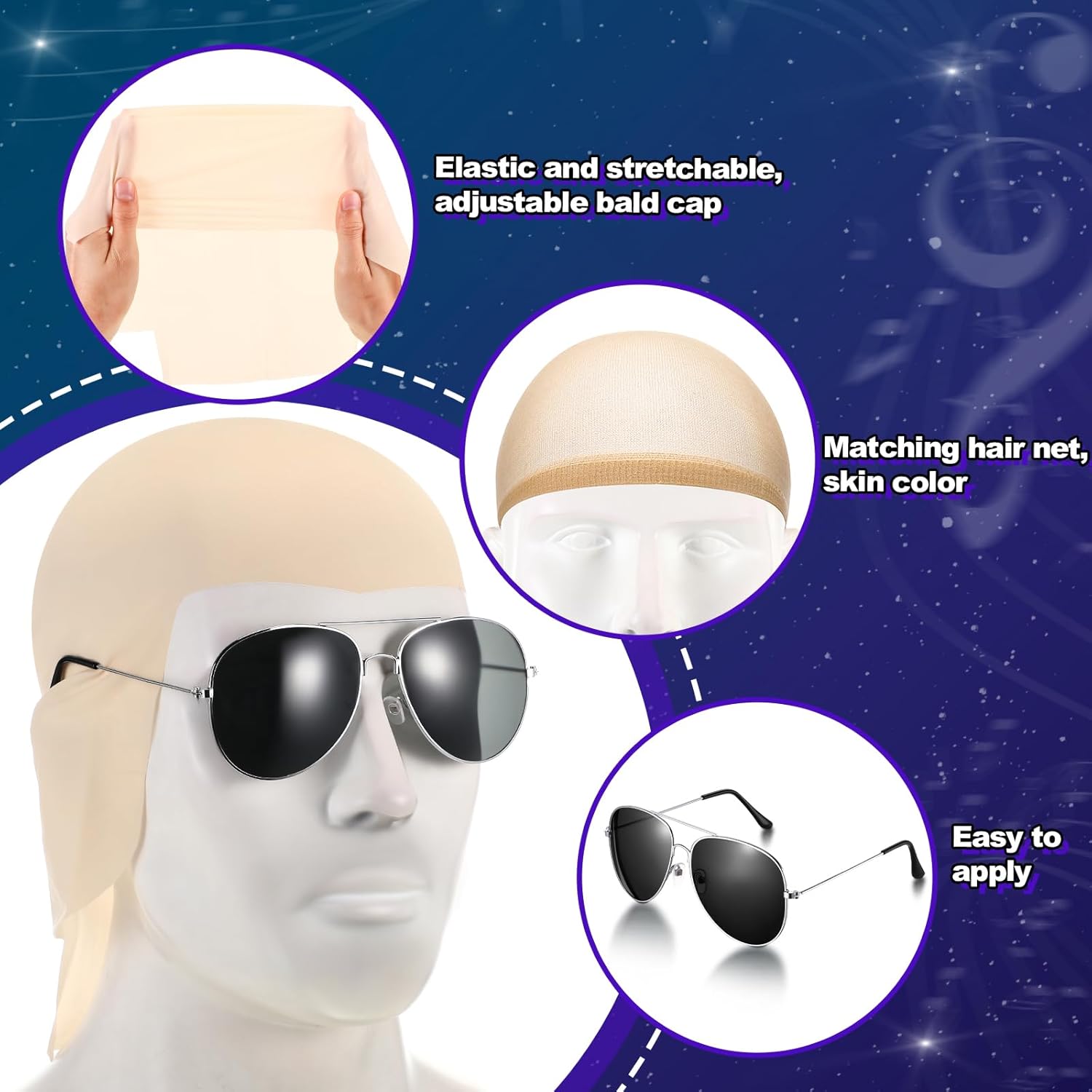 Mepase 6 Pcs Halloween Bald Cap with Glasses Bald Head Wig Cap Party Costume Accessories for Adults Women Men Cosplay(Smooth) - Image 7