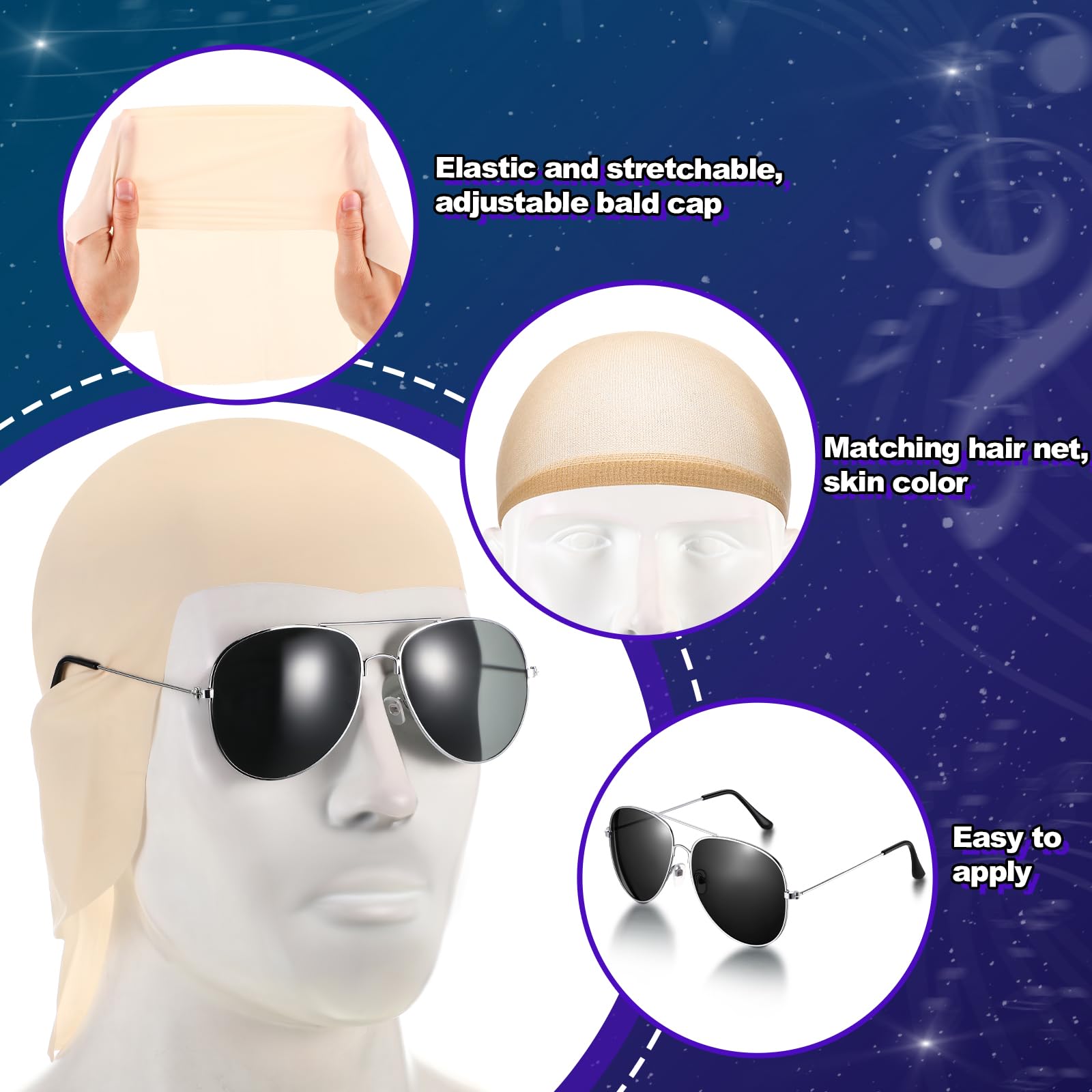 Sinmoe 6 Pezzi Parrucca Pelata Bald Caps Pelata Finta con Occhiali Cuffia per Parrucca Accessori per Costumi per Halloween e Cosplay per Adulti, Donne e Uomini