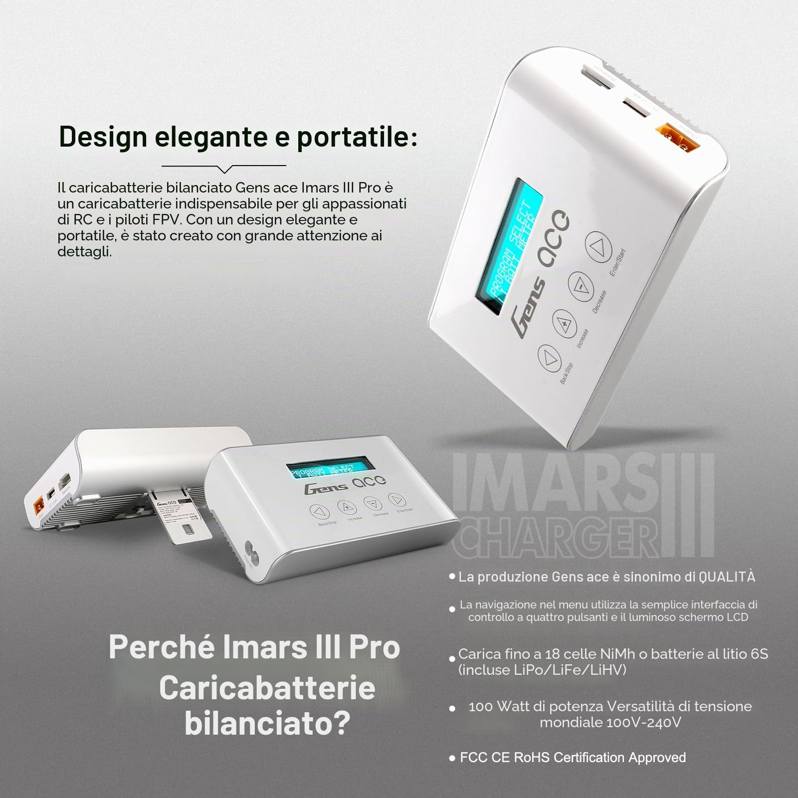 Gens ace Caricabatteria RC 100W 10A Caricabatterie Smart RC con Caricatore Bilanciato XT60 Compatibile per 2-6s LiIon/LiPo 3-18S NiMH