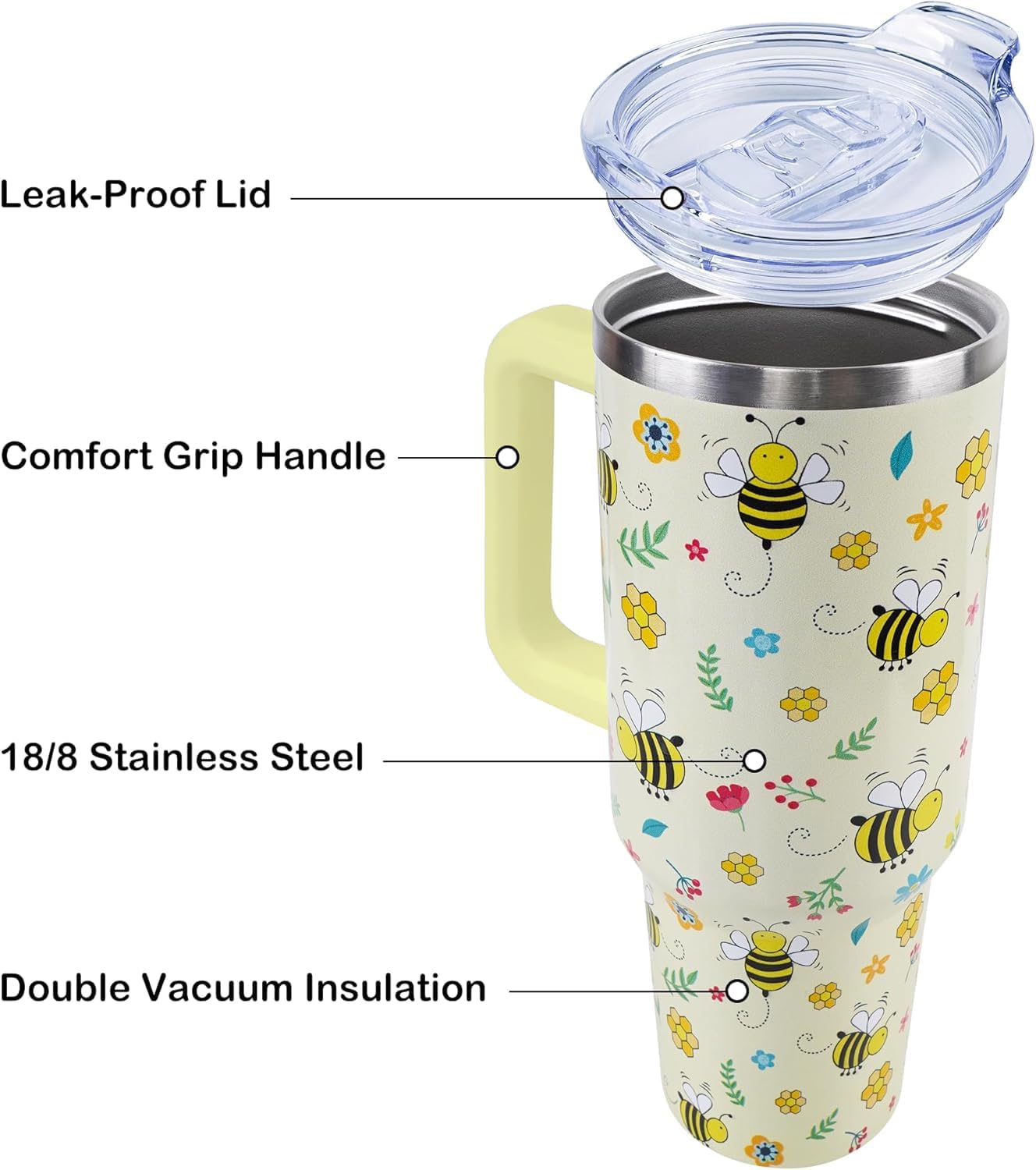 40 oz Bee Tumbler with Handle and Straw, Travel Mug Water Bottle, Stainless Steel Insulated Cup with Lid and Straw, Birthday Christmas Gifts - Image 4
