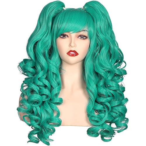 ColorGround Long Curly Cosplay Wig with 2 Ponytails (Turquoise)