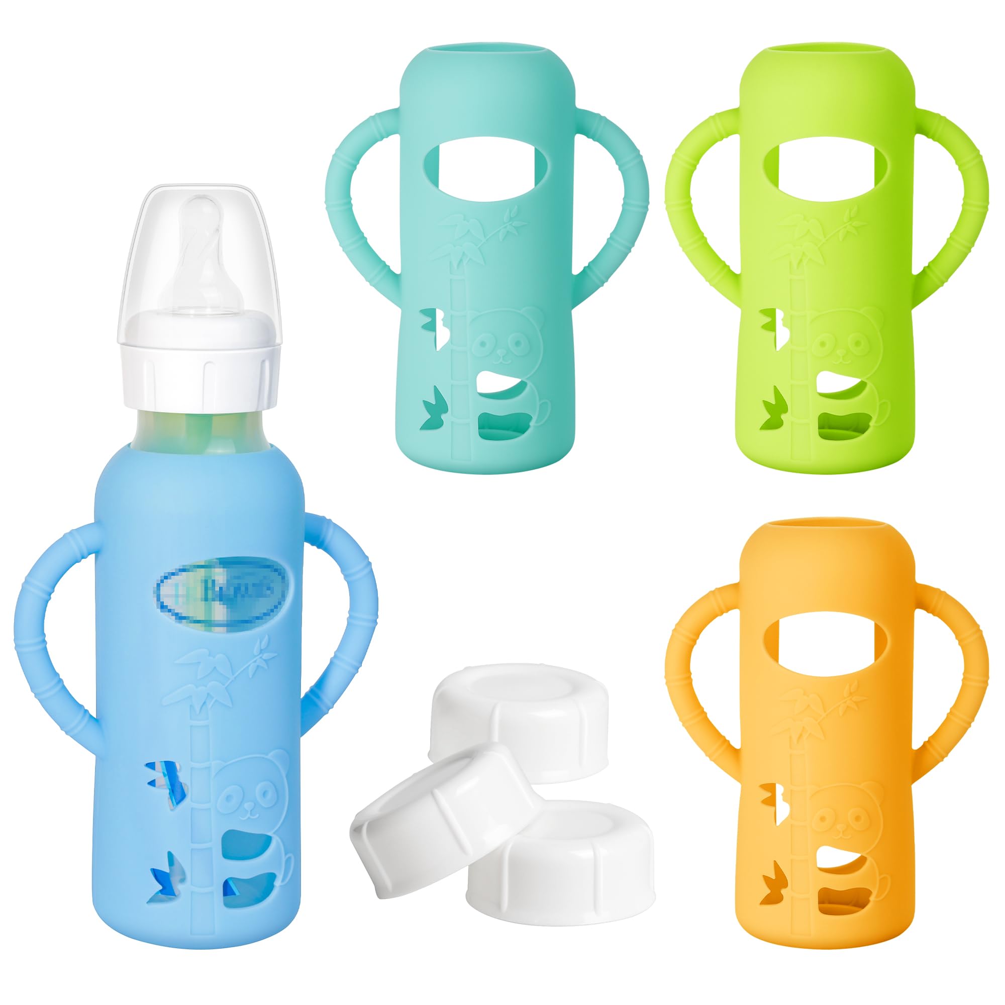 3 Pack Silicone Sleeve with Handle + Narrow Storage Caps, Anti Breakage Baby Bottle Holder, Compatible Dr. Brown's Narrow Baby Bottle(Orange+Blue+