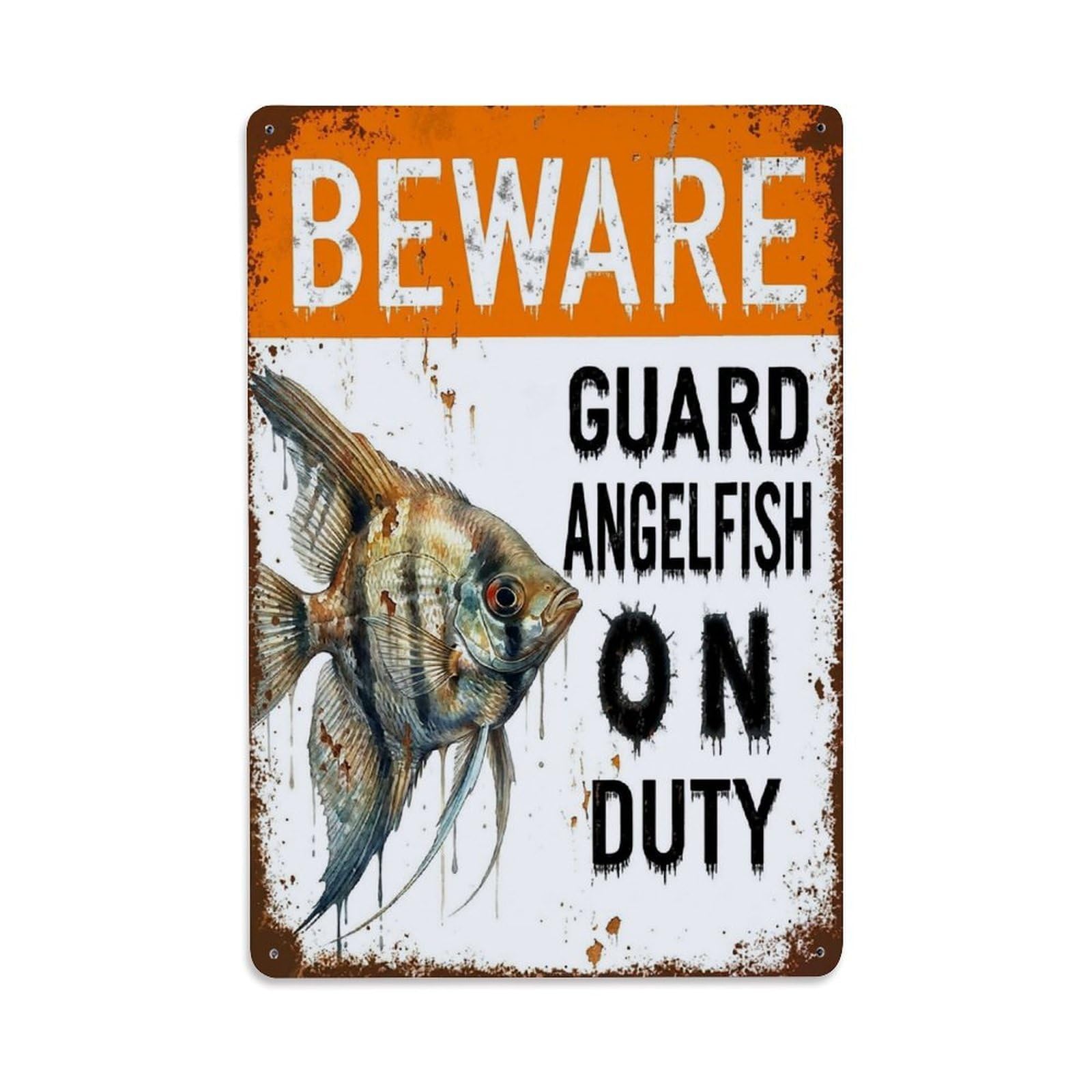 Vintage Funny Angelfish Guard Beware of Fish Foyer Metal Tin Sign Plaque Wall Decor for Cafe, Club Bar, Office, Garden Metal Poster 8x12Inch