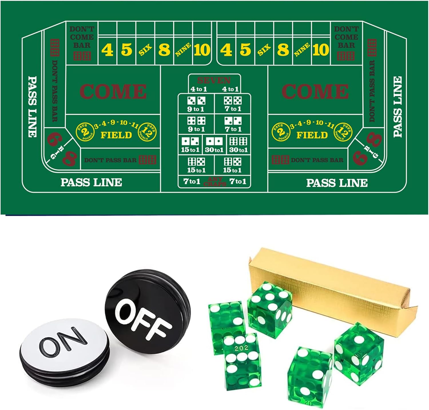 GSE Games & Sports Expert Craps Table Top Game Set. Including A Craps Layout Felt, 5 Casino Dice and A Craps ON/Off Poker Button for Craps Games, Casino Games