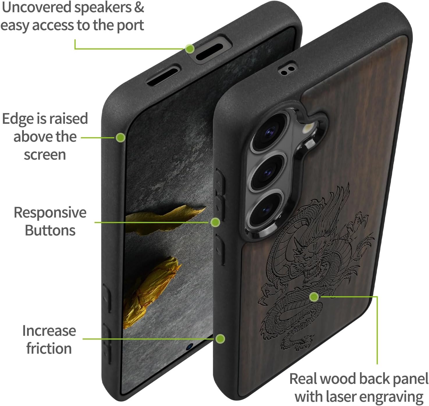 Carveit Magnetic Wooden Case for Samsung Galaxy S26 Case 2026, TPU Shockproof Cover & Wood Artisan Engraved, Compatible with MagSafe Wireless Chargers (The Oriental Dragon) Blackwood