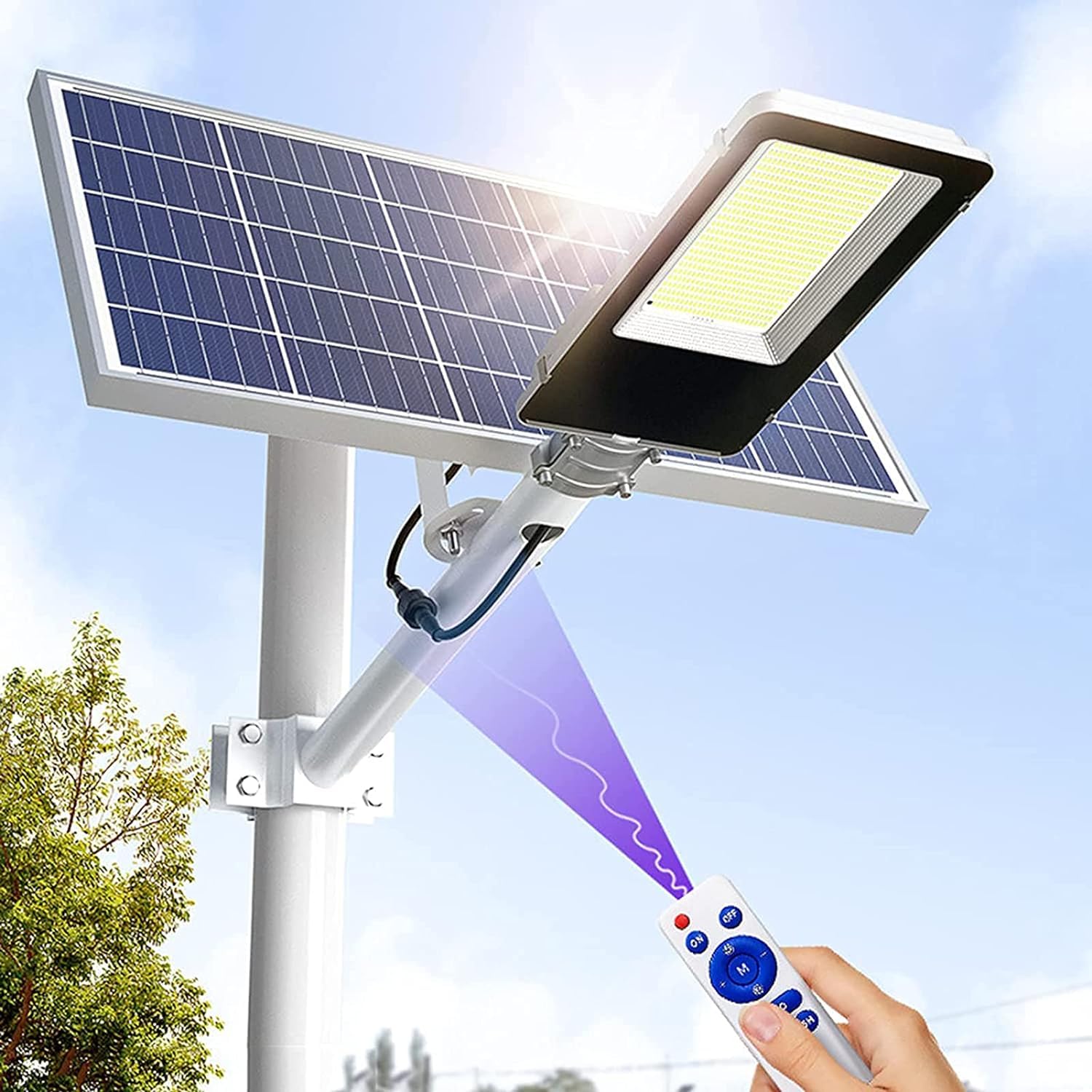Generico Faretto a Led da 1000W Lampione Stradale con staffa e Pannello Solare Telecomando Luce Bianca Potente 858 LED SMD 6500K