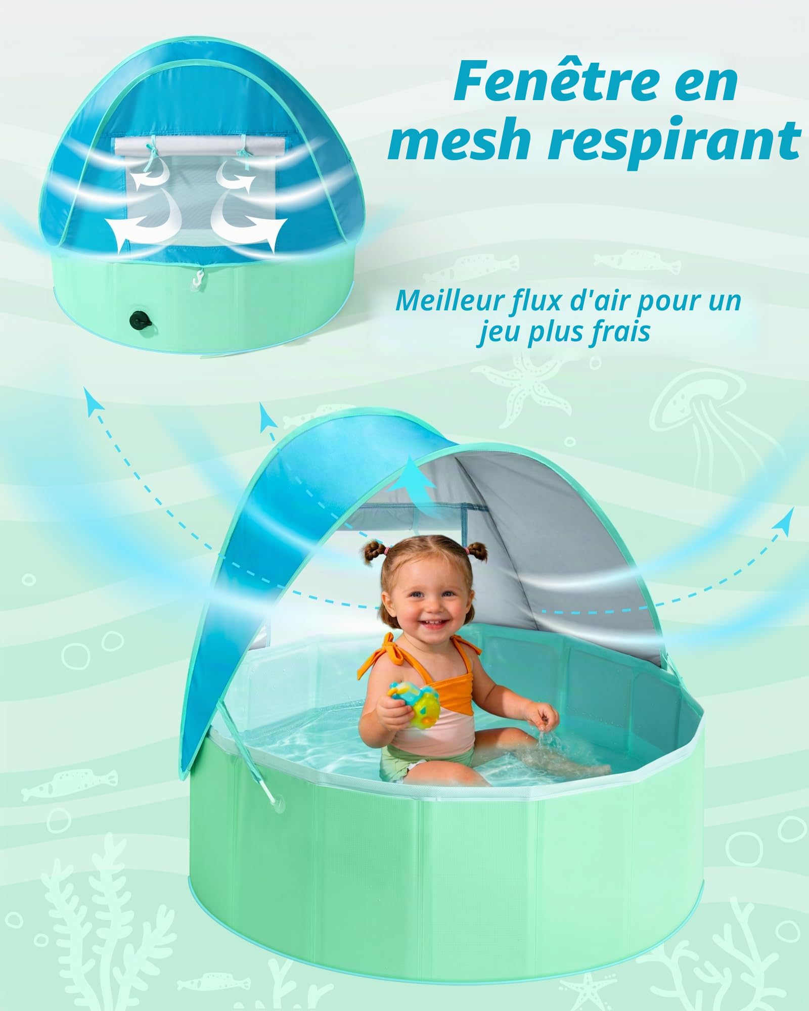 Hikiddy Piscine pour enfants pliable avec auvent : piscine bébé de 80 cm (Bleu & Menthe, 80 cm)