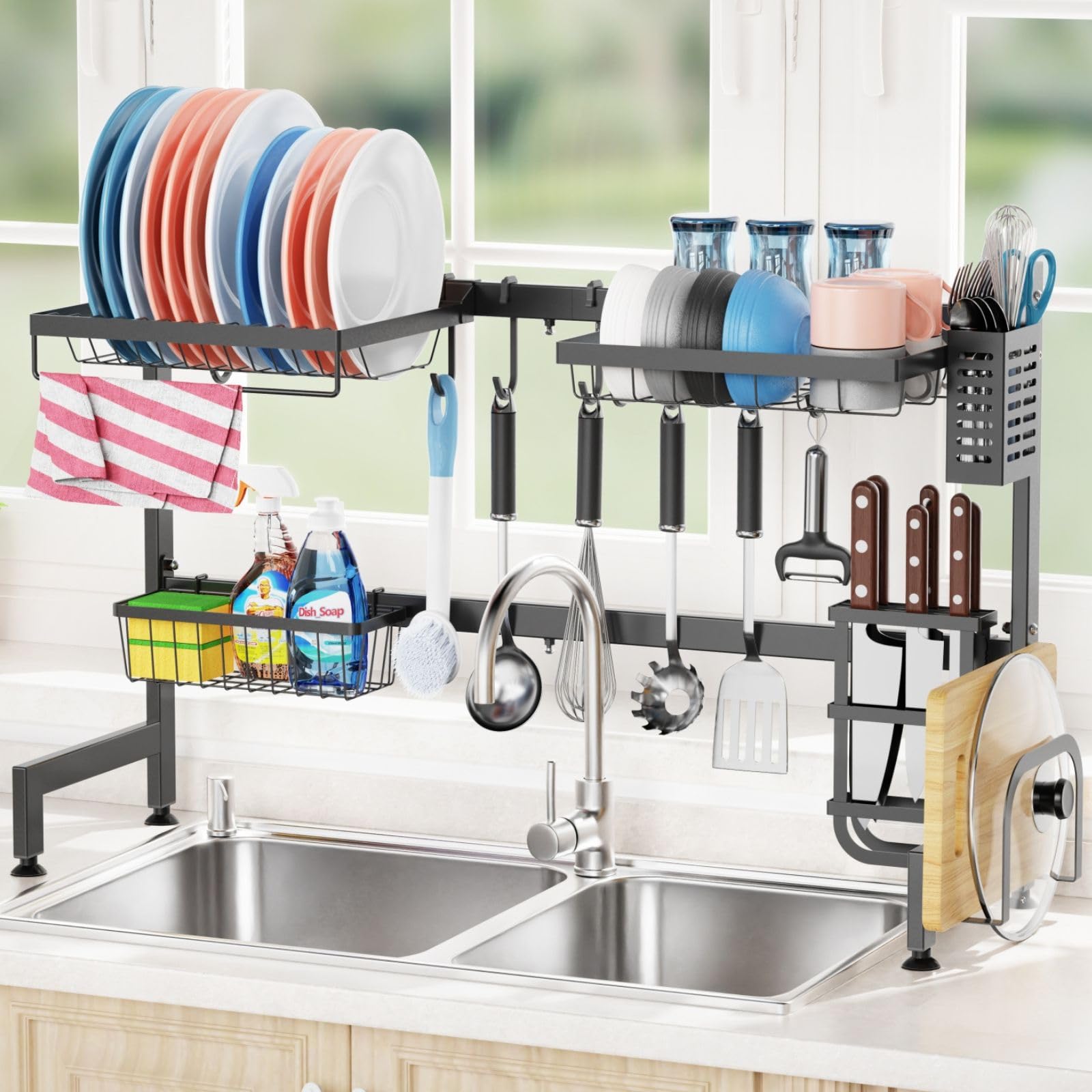 iSPECLE Over Sink Drainer Rack - Length Adjustable (85 to 100 cm) Dish Drainer Rack with Multiple Baskets, Utensil Sponge Holder, Hooks, Large Capacity Over Sink Dish Rack, Space Saver, Black