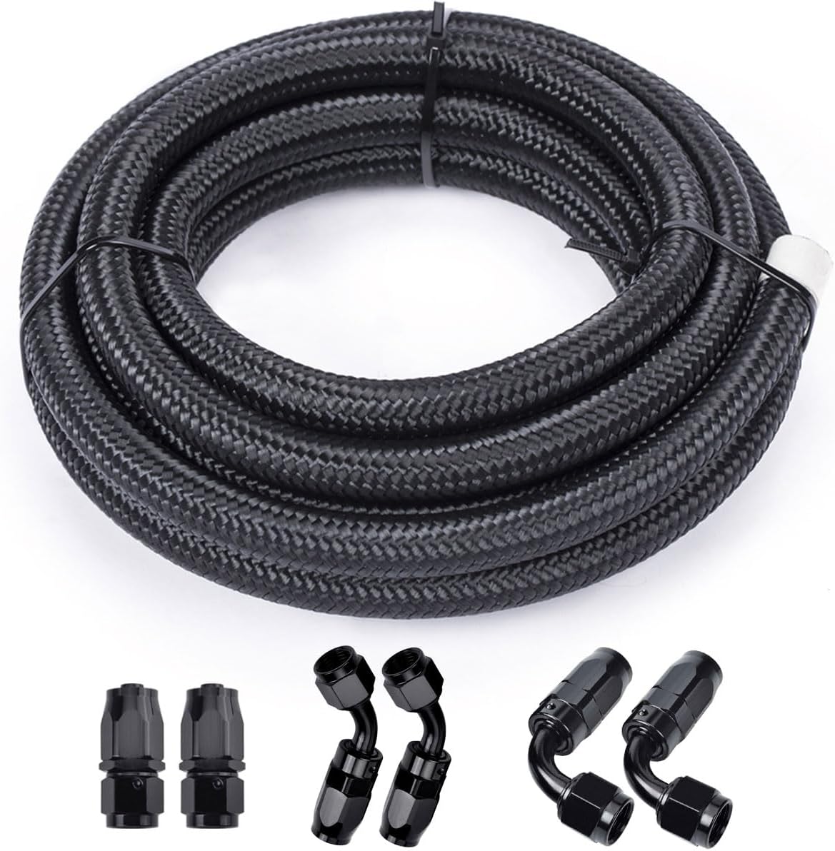 IPARTS EXPERT 3/8 6AN 12FT Fuel Line Hose Kit, Nylon Stainless Steel Braided Fuel Line Oil/Gas/Fuel Hose End Fitting Hose with 6PCS Swivel Fuel Hose Fitting Adapter Kit - Black