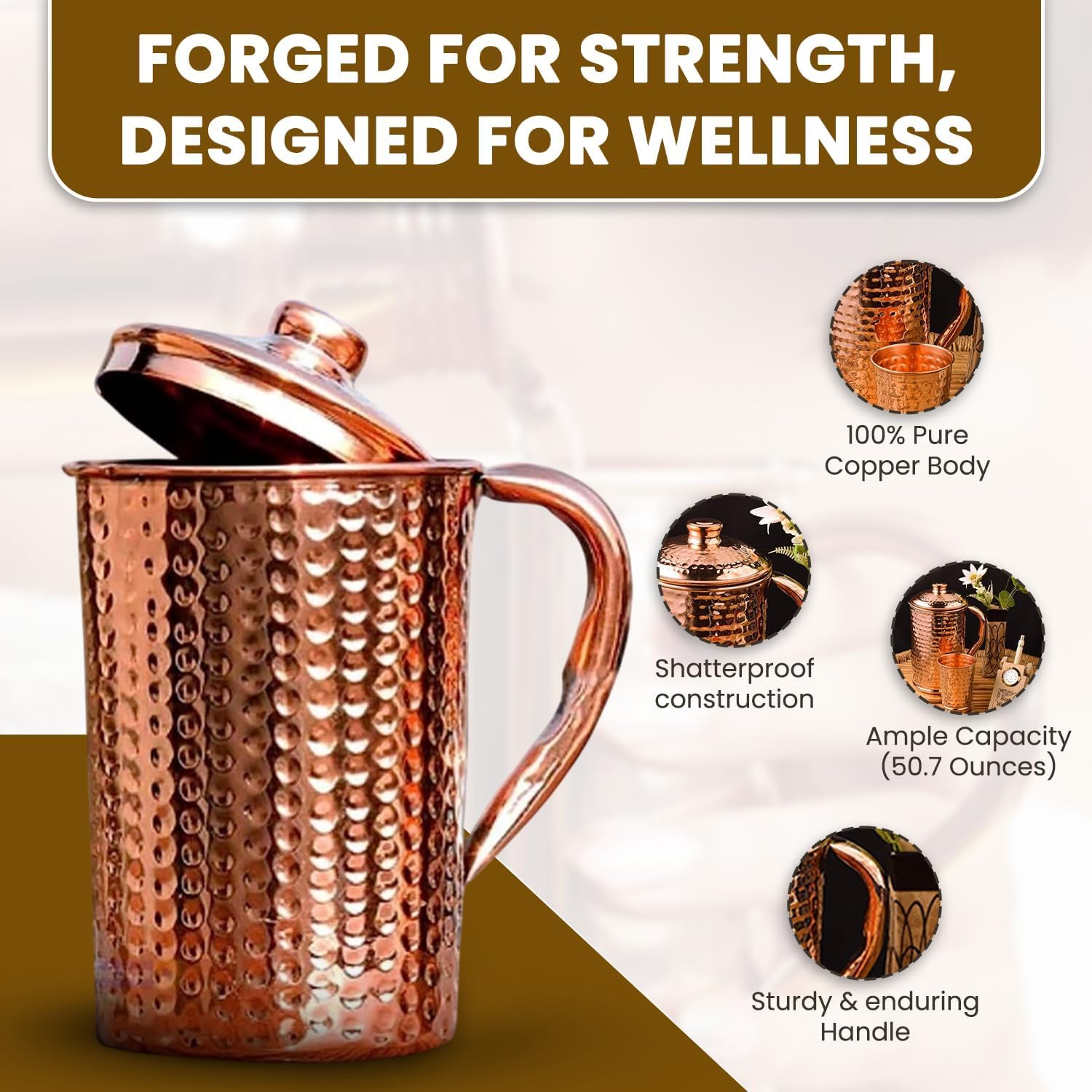 100% Pure Copper Pitcher 50.72 Oz / 1500 ml | Drinking Water Traditional Hammered Pitcher With Lid | Copper Jug Handle Water Bottle | Ayurveda Health Benefits | Serving Water in Daily Use - Image 3