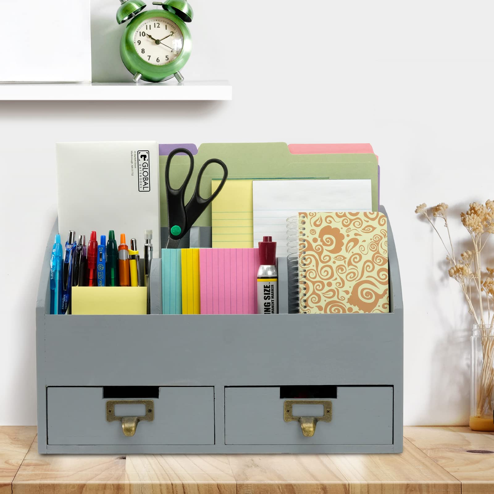 Excello Global Products Schreibtisch-Organizer aus Holz, 6 Fächer, 2 Schubladen, Grau, Rustikaler Shabby-Chic-Stil