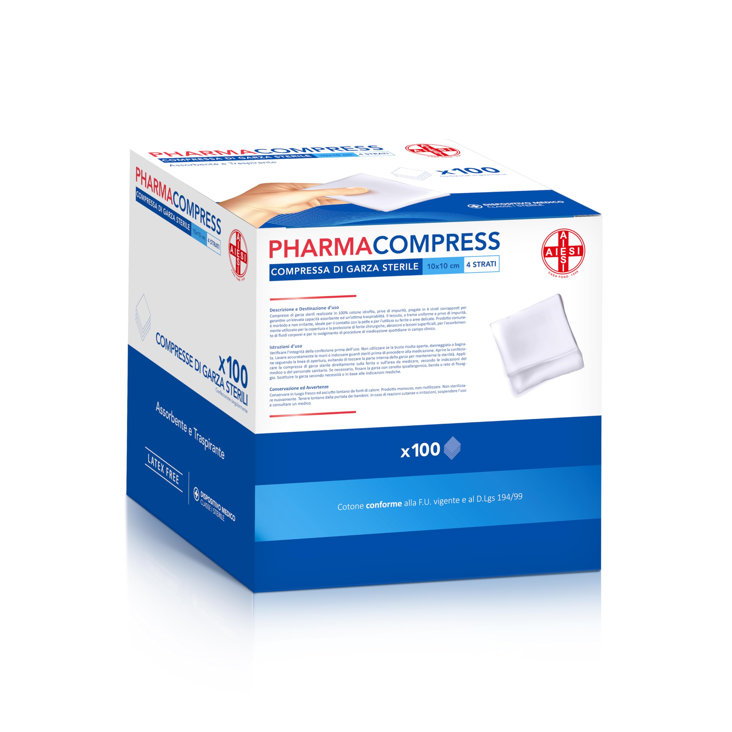 AIESI® Sterylne kompresy gazowe 10x10 cm (100 sztuk) pakowane pojedynczo PHARMACOMPRESS, składane kompresy bawełniane
