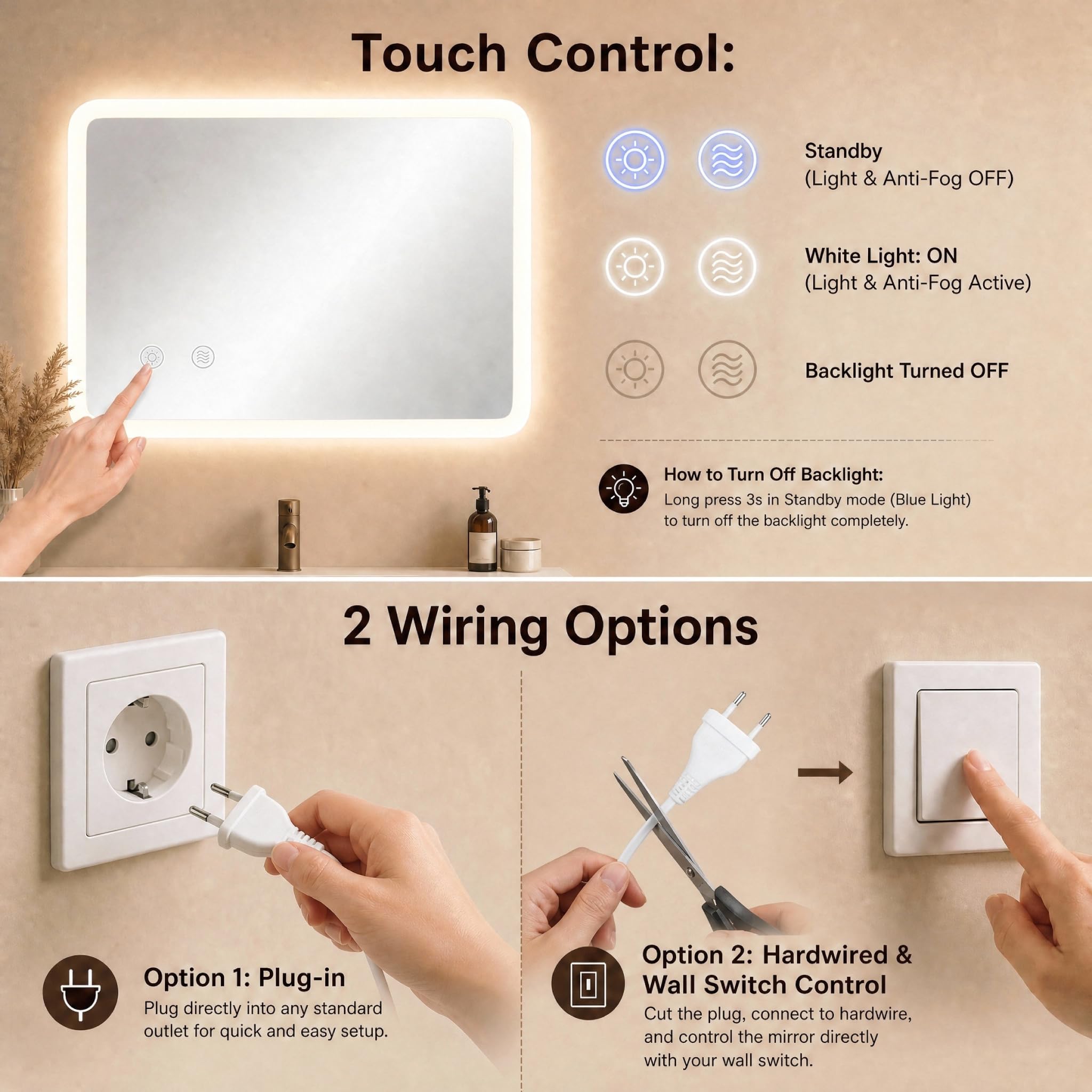 Clevich Specchio Bagno con Luce LED 80x60 cm Rettangolare Bordo Satinato