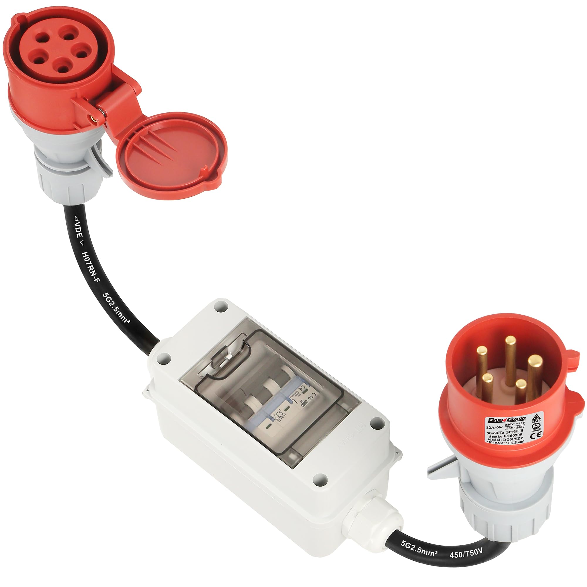 5 Pin CEE Adattatore 32A a 16A per Veicoli Elettrici Caricatore EV con Interruttore Automatico per Sovraccarico Cortocircuito Protezione, 79cm Cavo H07RN-F 5G 2.5mm² Semko EN60309