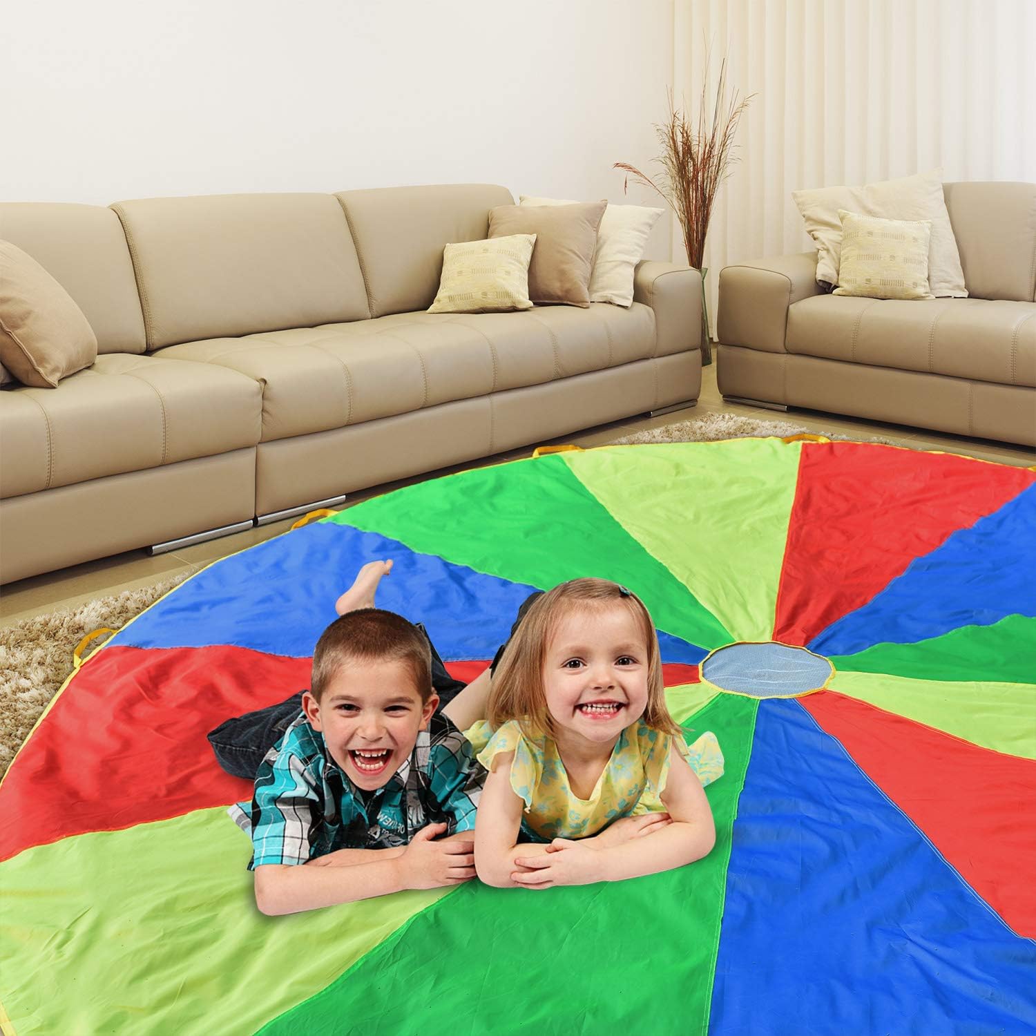 Parachute with Handles 6ft 8ft 10ft 12ft 16ft 20ft Play Parachute Games for Outdoor Team Games,You Can Also Use it for Trampoline Cover Picnic Mat Furniture Cover