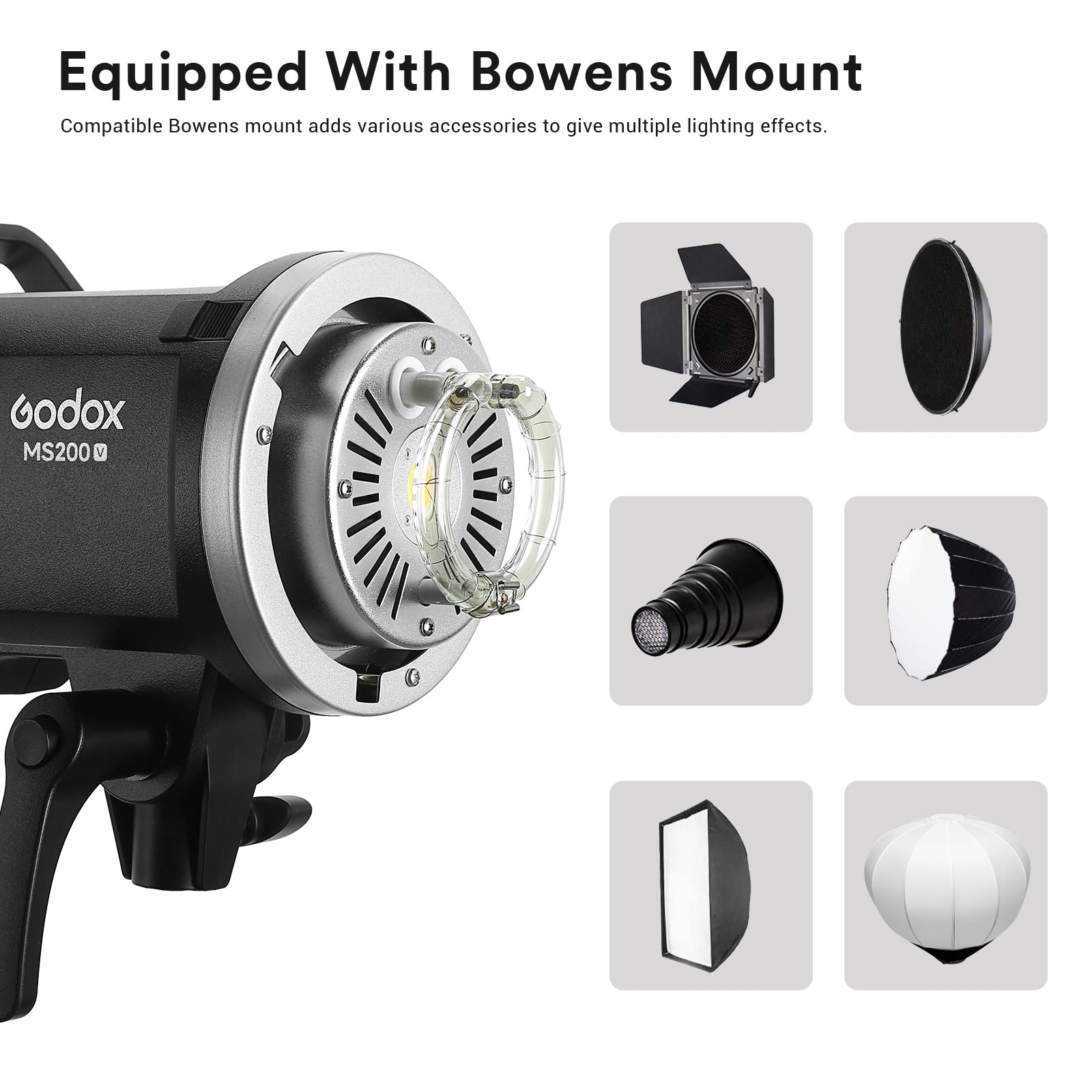 Godox MS200-V 200WS 2.4G Wireless Remote Control and Lightweight, Compact and Durable Studio Flash, 0.1～1.8S Recycle Time, 5600±200k Color Temperature