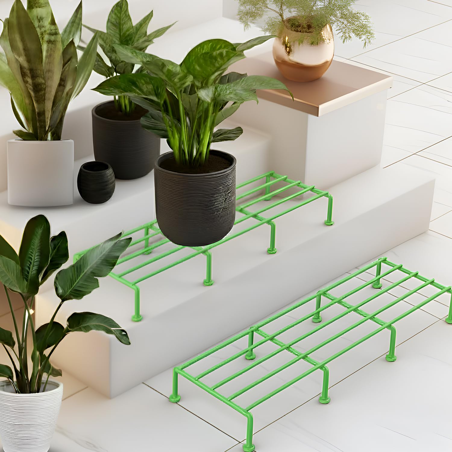 Pivalo Rectangle Plant Stand Anti-Rust Metal Flower Pot Holder Outdoor and Indoor Planters Gamla Stands for Balcony & Living Room Home Decor (Pack of 2, Green)