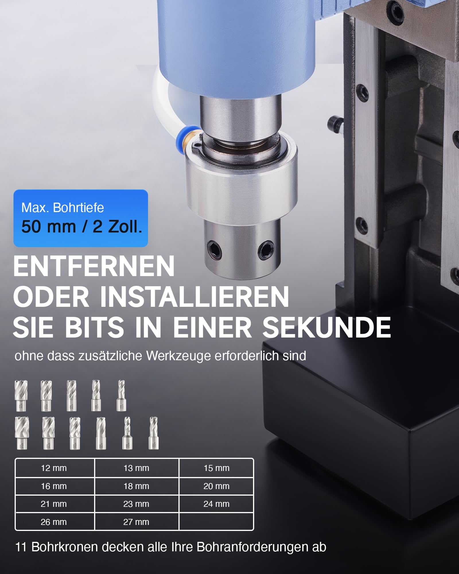ZELCAN Magnetbohrmaschine, 1550W Standbohrer, 13900N Anpresskraft, 650 U/min, 50mm Bohrtiefe. Lieferung mit 11 HSS-Bohrern 12–27mm und Drehzahlregelung für gewerbliche Metallbearbeitung