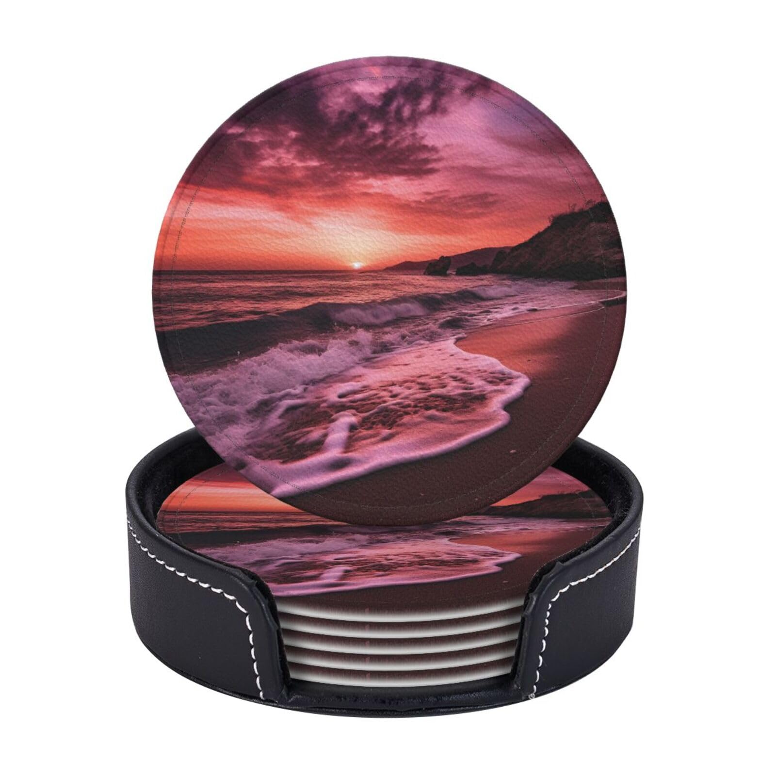 6PCS Drink Coasters with Holder, 4" Leather Coasters for Drinks, Beach Sunset Cup Coasters for Coffee Table Decor, Non-Slip Drinking Cup Mat for Hot or Cold Drink