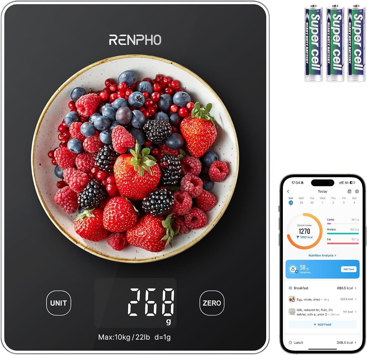 Báscula de Alimentos Inteligente con Calculadora Nutricional, Aplicación Bluetooth, Negro | Báscula de Nutrición Digital, Rastreador de Calorías para la Pérdida de Peso, Macros y Keto, Horneado y Cocina, Calibra 1L
