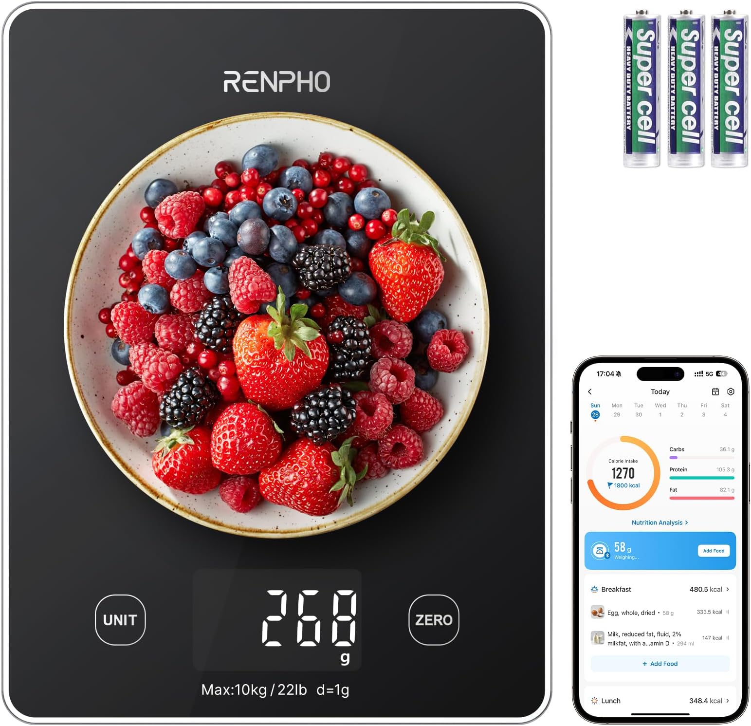 RENPHO Kitchen Scale, Smart Food Scale with Nutritional Calculator, Food Weight Scale Grams and Ounces, Digital Gram Scale for Cooking Baking Keto Marco Diet, Black Glass, 22lb/10kg