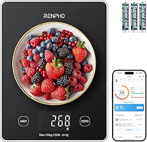 RENPHO Digital Kitchen Scale with Nutritional Calculator, 22lb/10kg, Black Glass