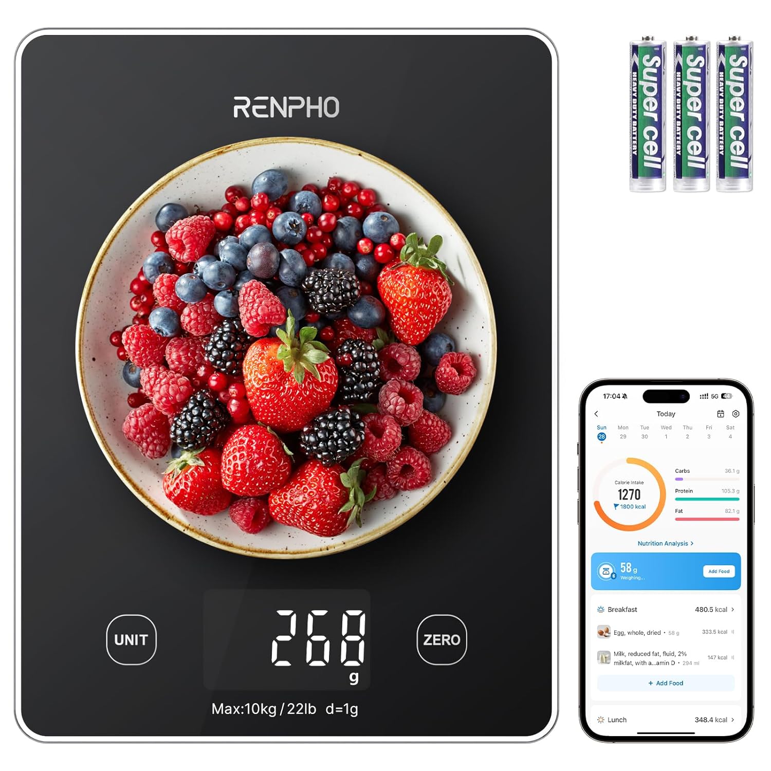 RENPHO Digital Kitchen Scale Smart Food Weight Scale with Nutritional Calculator Gram Scale for Weight Loss Cooking Baking
