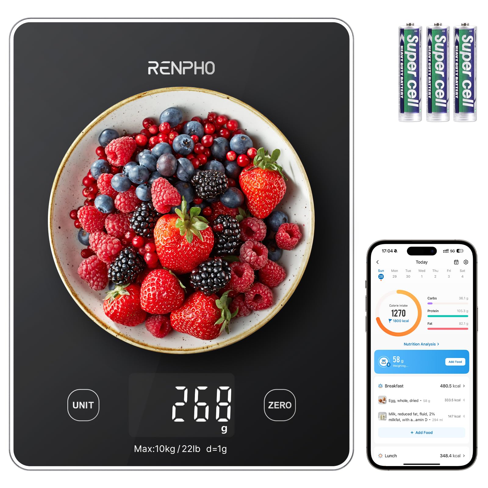 RENPHO Kitchen Scale, Smart Food Scale with Nutritional Calculator, Food Weight Scale Grams and Ounces, Digital Gram Scale for Cooking Baking Keto Marco Diet, Black Glass, 22lb/10kg