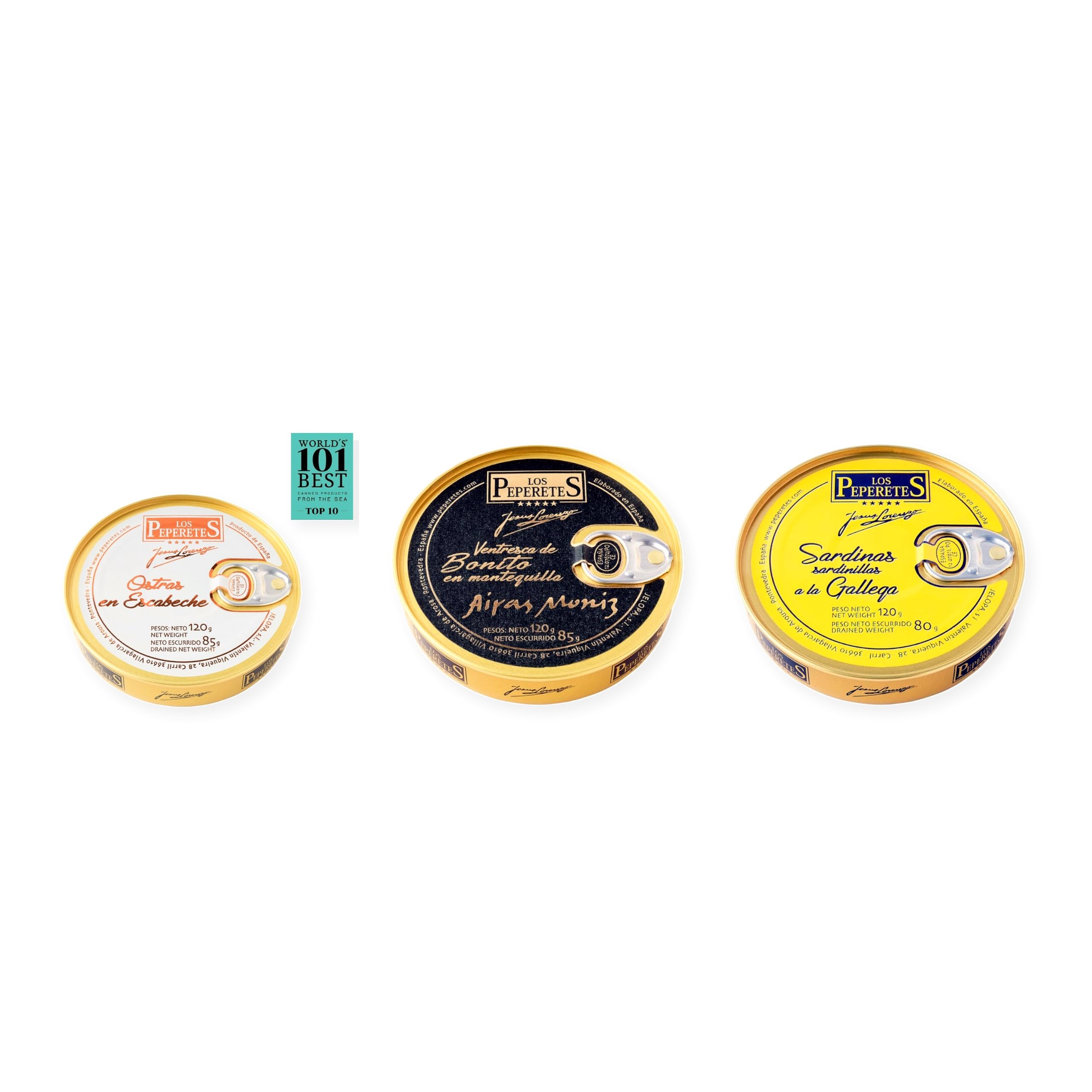 los peperetes conservas Ostras Escabeche, Ventresca Bonito Mantequilla y Sardinillas Gallega pack 3 latas