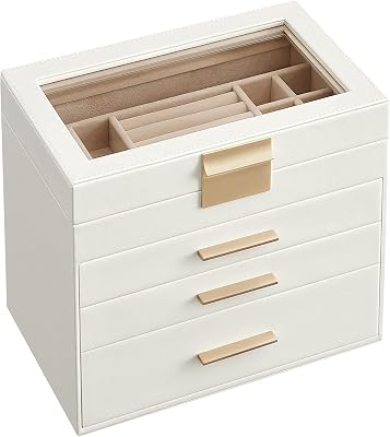 SONGMICS GISELLA Collezione – Scatola Portagioie con Coperchio in Vetro, 4 Livelli, Porta Gioielli con 3 Cassetti, Moderno, Idea Regalo, Bianco Nuvola e Dorato, 15,3 x 25,1 x 21,5 cm JBC161W01