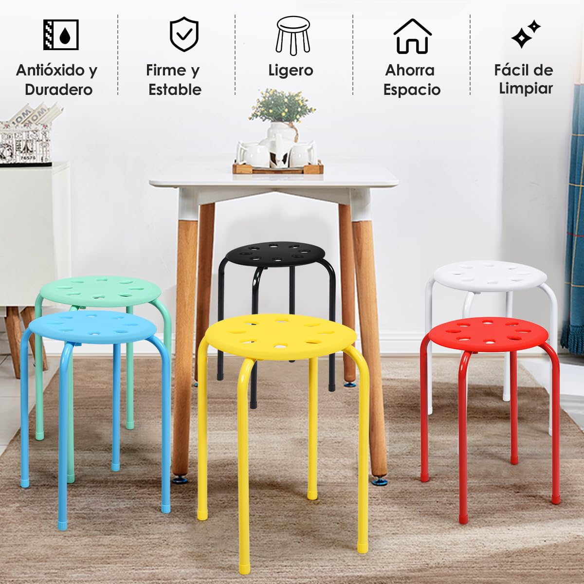 GOPLUS Juego de 6 Taburetes Apilables de Metal, Taburetes Redondons sin Respaldo con Asiento Plástico, Conjunto de Taburetes Portátile para Cocina Comedor Escuela Oficina, 37×37×44 cm (Multicolor)