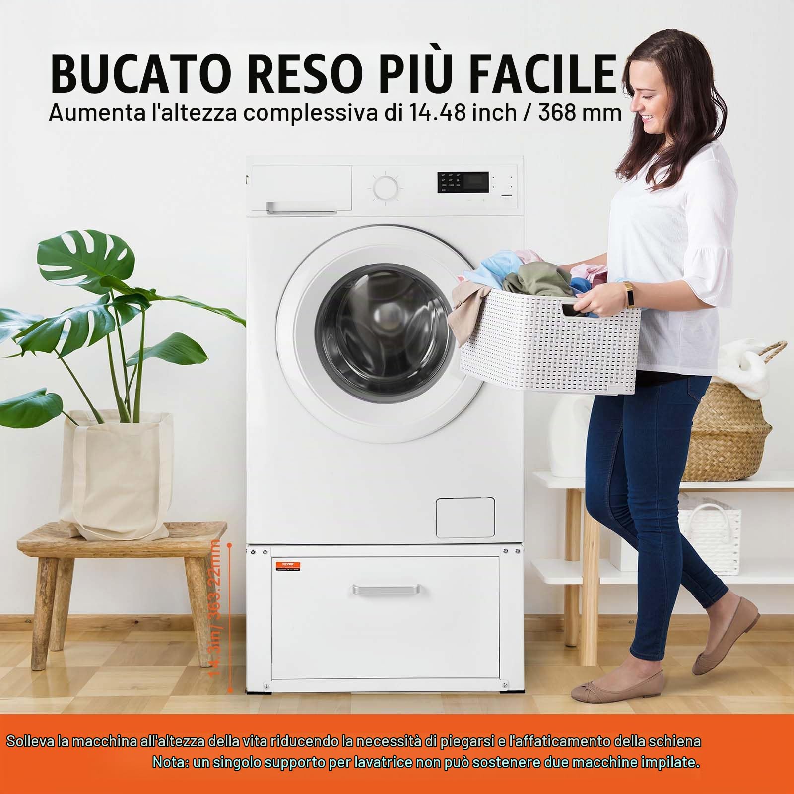 VEVOR Piedistallo per Lavanderia 27" di Larghezza 14,4" di Altezza, Piattaforma Universale con Capacità di 660 Libbre, Base Multifunzionale per Lavatrice con Cassetto e Ricchi Accessori