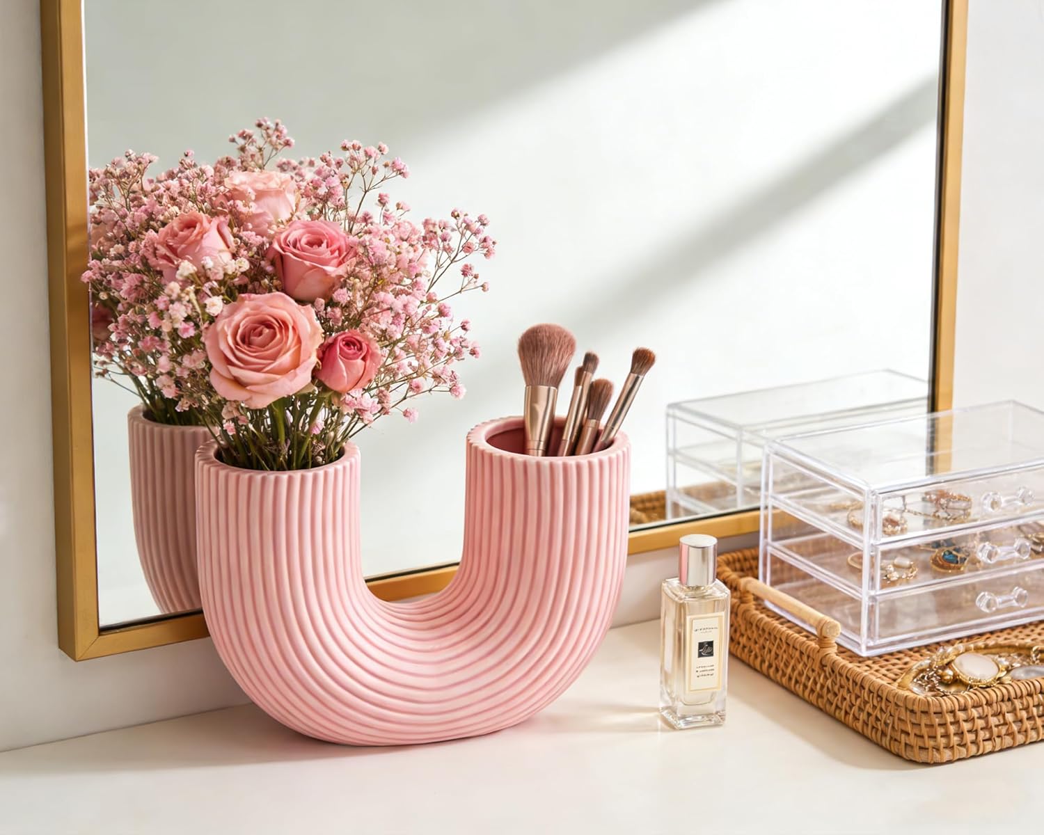 Pink Ceramic Vase Decor, U-Shaped Stripes Vase, Modern Decorative Vase,Ideal Gift for Birthdays and Special Occasions - Image 5