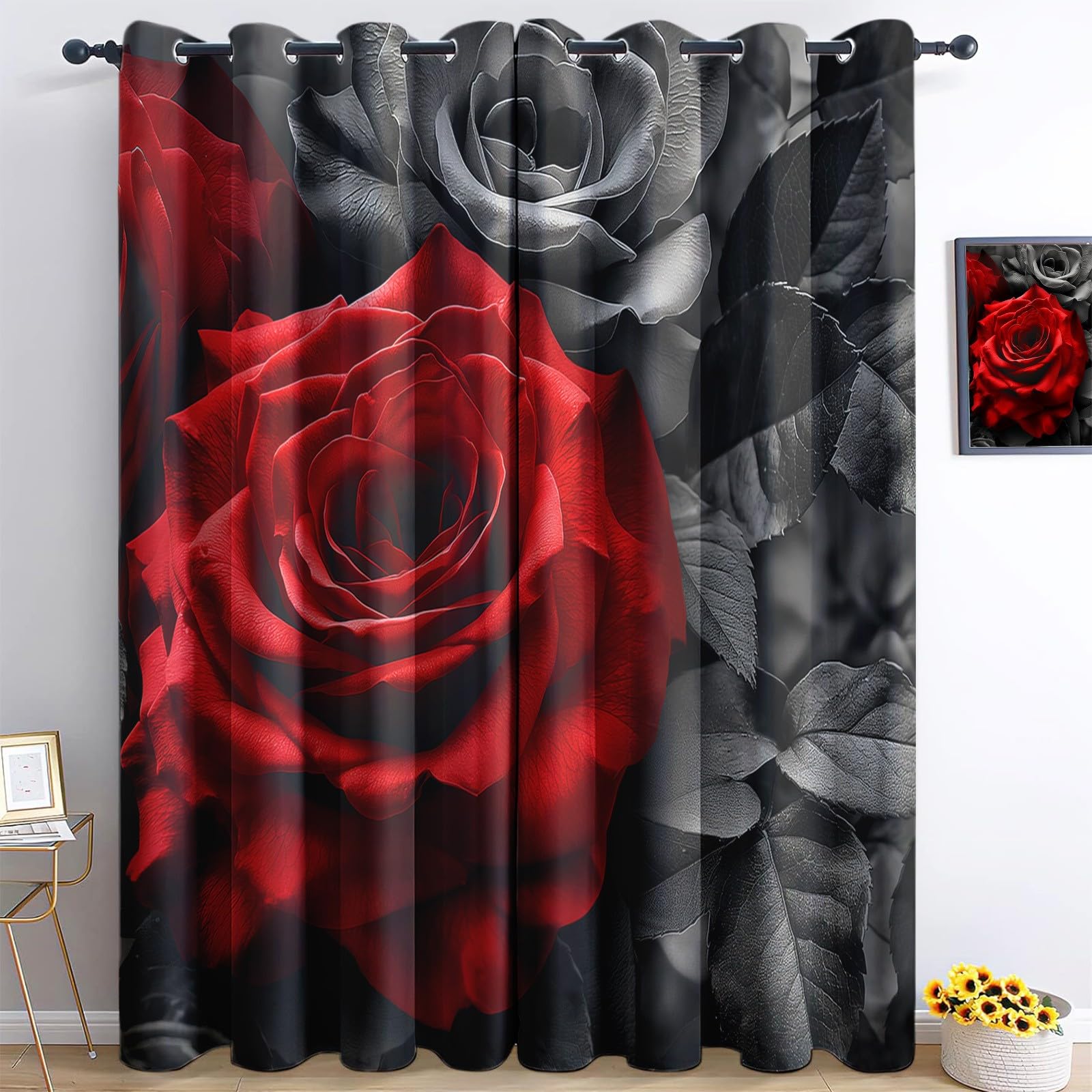 XCQHZYQ Curtains for Bedroom Living Room, Blackout Curtains Rose Red And Gray Thermal Insulated Curtains Darkening Light Blocking Eyelet Drapes, Window Treatments, 2 PanelsW66 x L90 inch