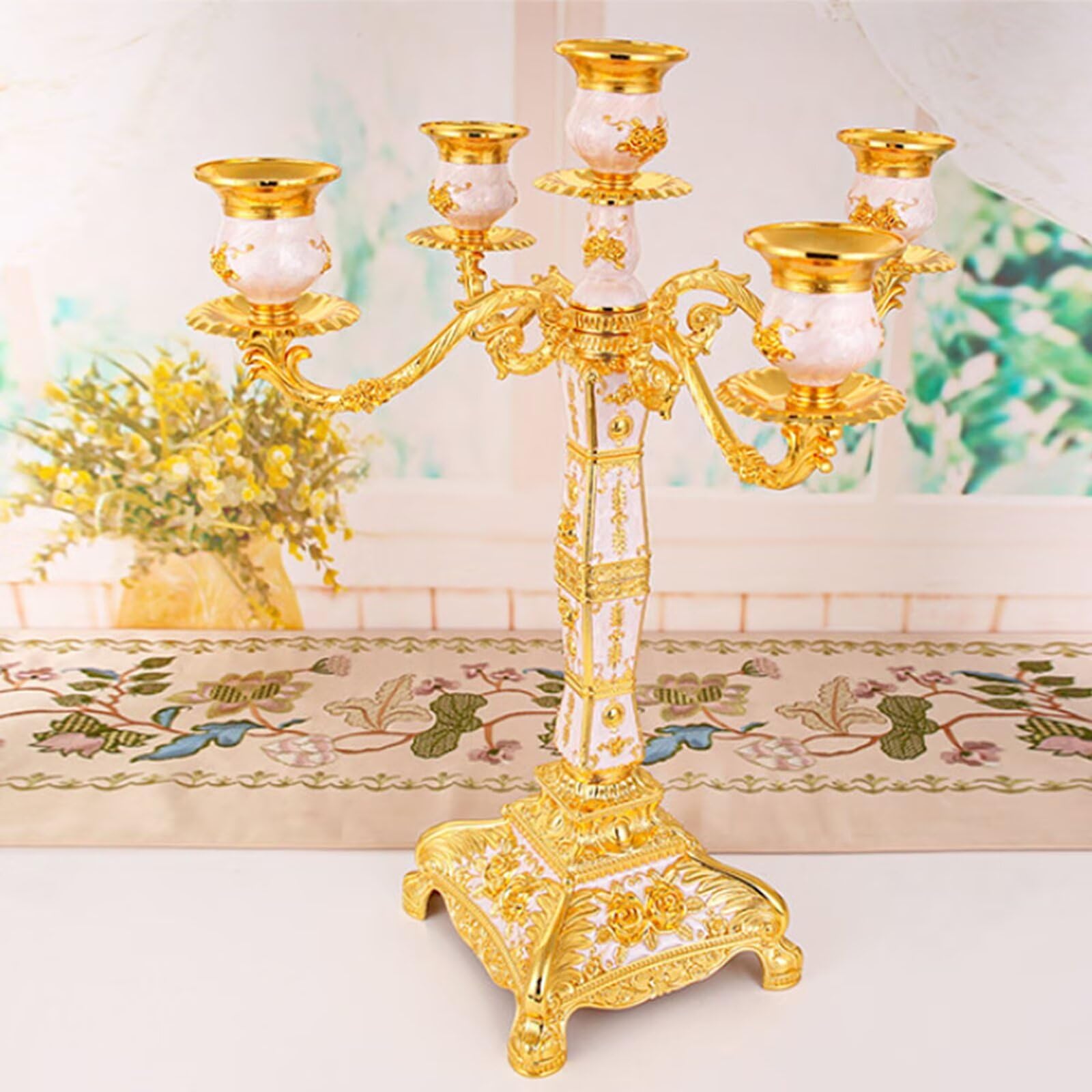 5-Arm Candelabra, 17 Inch Vintage Embossed Candle Holder, Retro Decorative Candlestick, Centerpiece Candle Stand Metal Tabletop Candelabra for Weddings and Dinner Parties