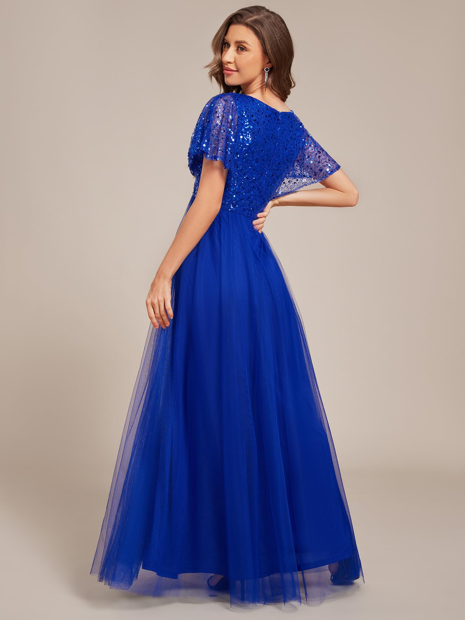 Ever-Pretty Robe de Soirée Chic Col en V Manches Courtes Mousseline Maxi Robe évasée EE02223