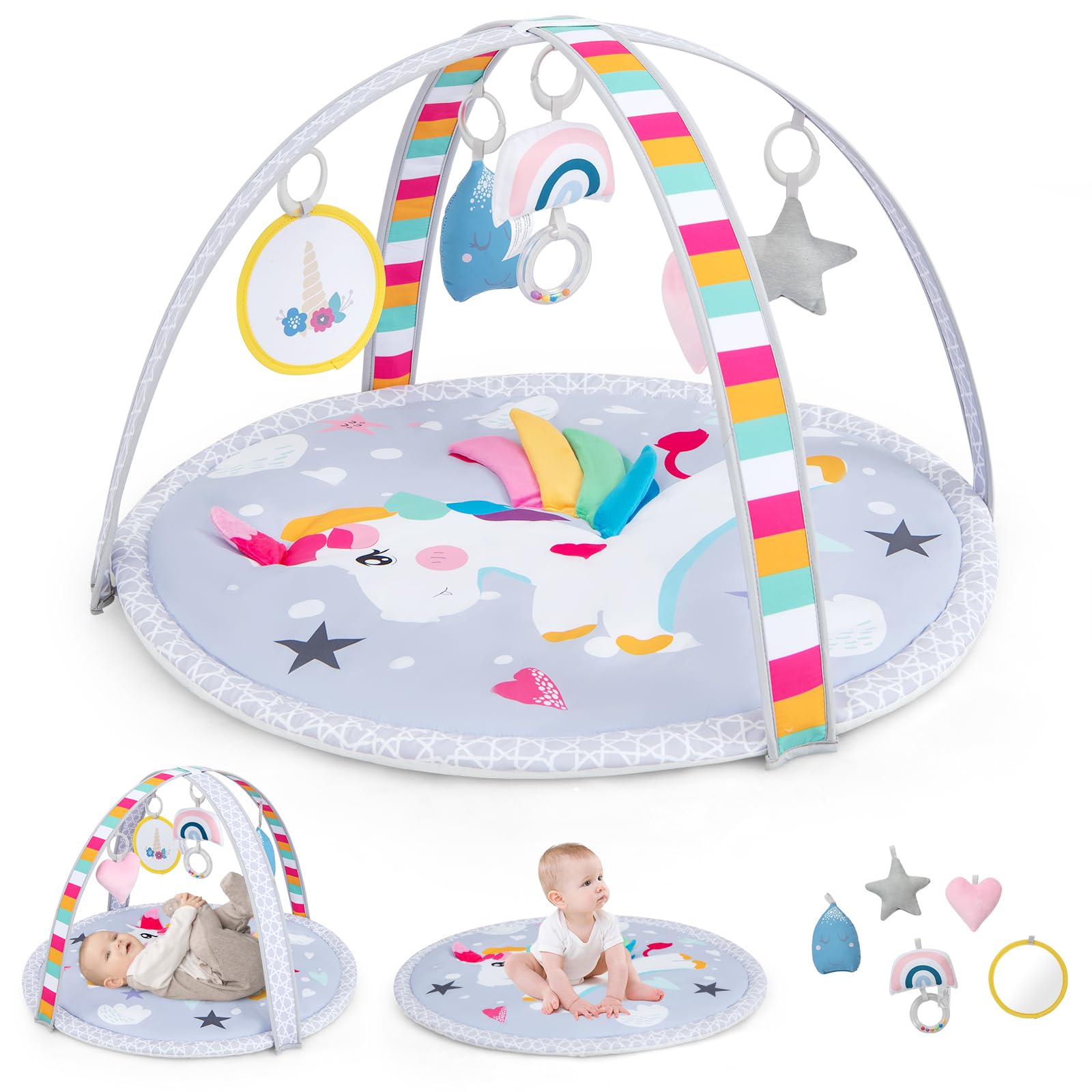 GYMAX Baby Play Mat, Toddle Activity Play Gym with 5 Hanging Sensory Toys, Lightweight Infants Tummy Time Playmats for 0-12 Months