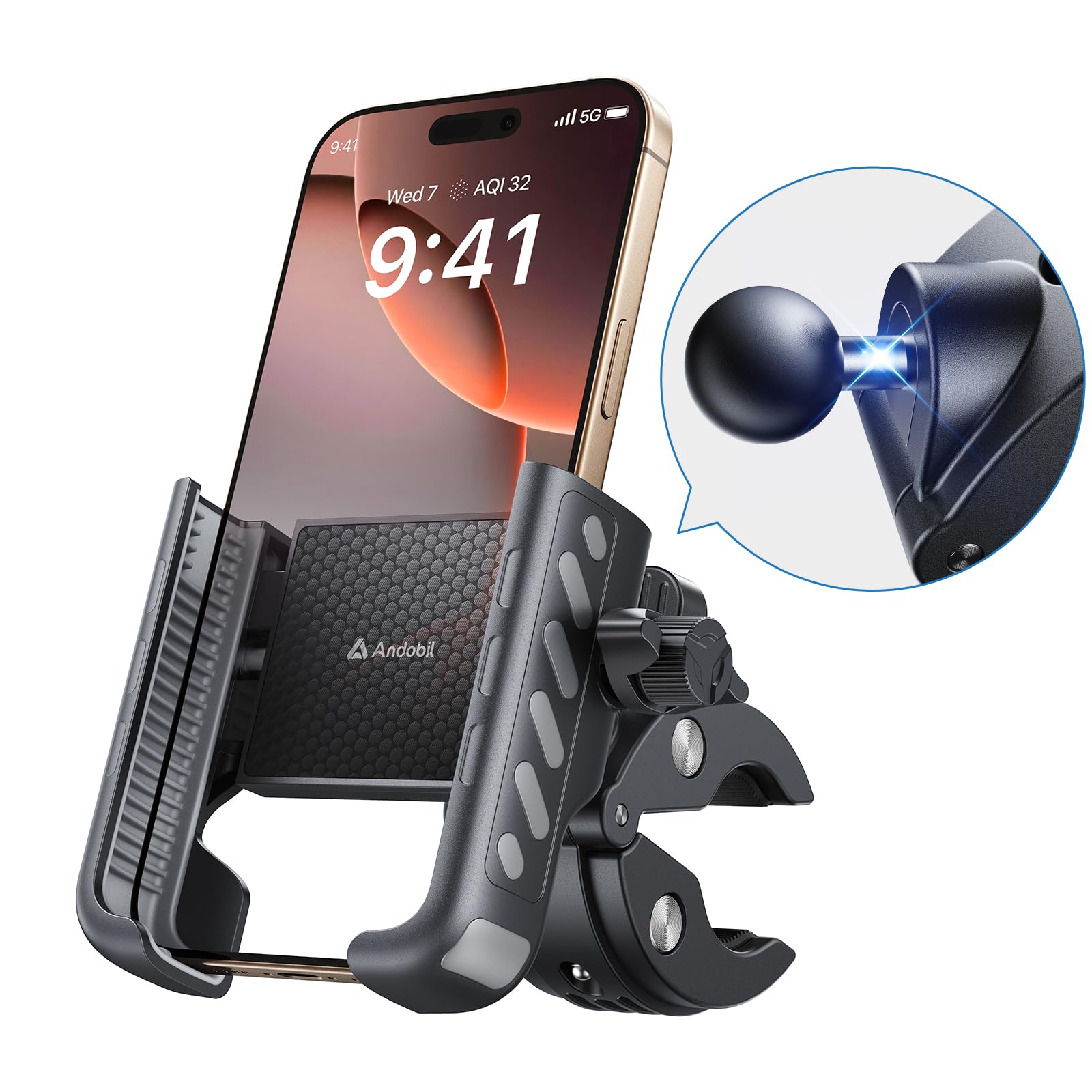andobil Handyhalterung Fahrrad – Schockabsorbierend metallklemme Universal Handyhalterung Motorrad 360° Handyhalter Fahrrad für iPhone 16/15/14 Pro Max Samsung S25