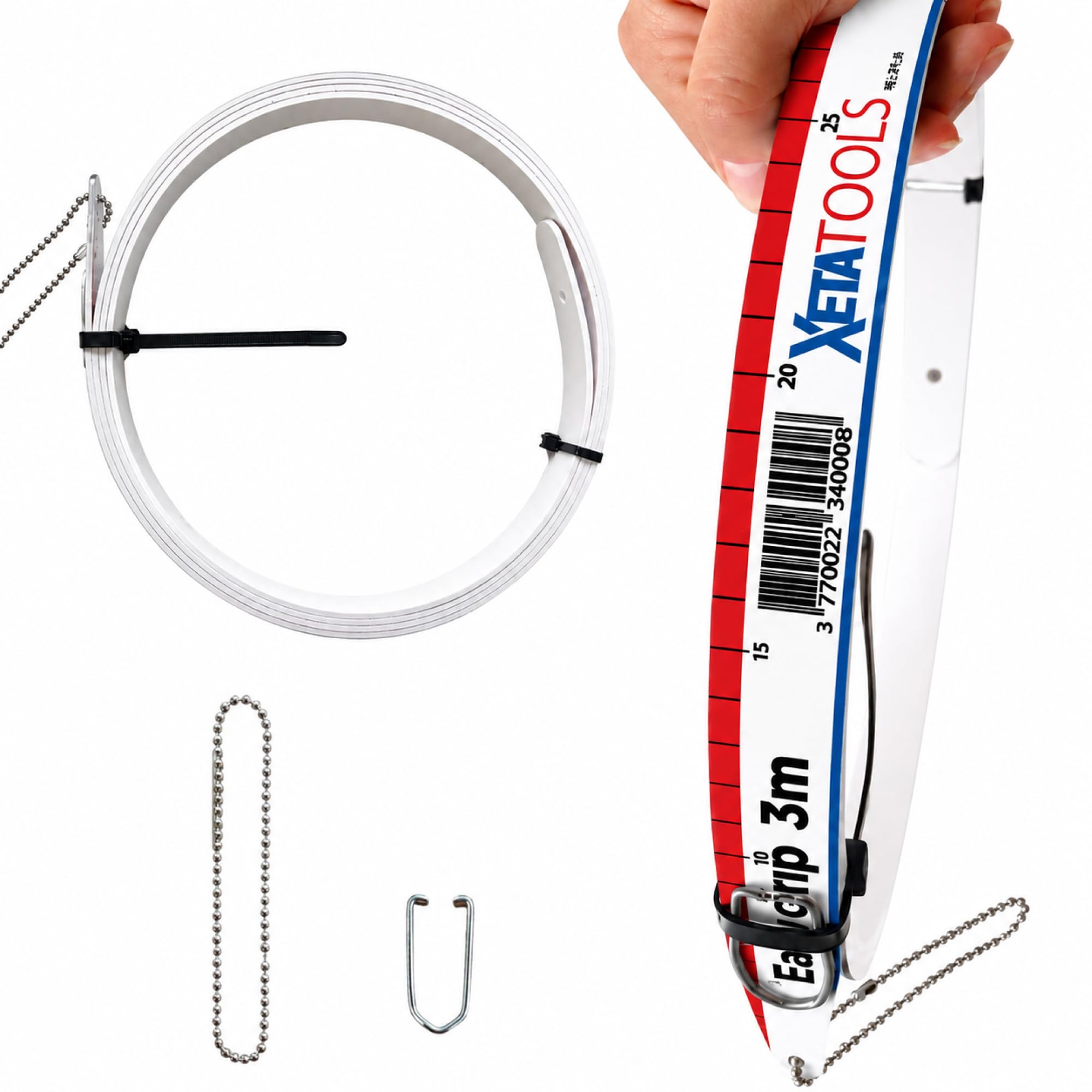EASY-GRIP - Aiguille Électricien 3m – Passe Câble Mural avec Chaînette, Agrafe – Tire Fil Électrique Flexible et Gradué pour Cloisons, Faux Plafonds et Combles - Breveté et Made in France