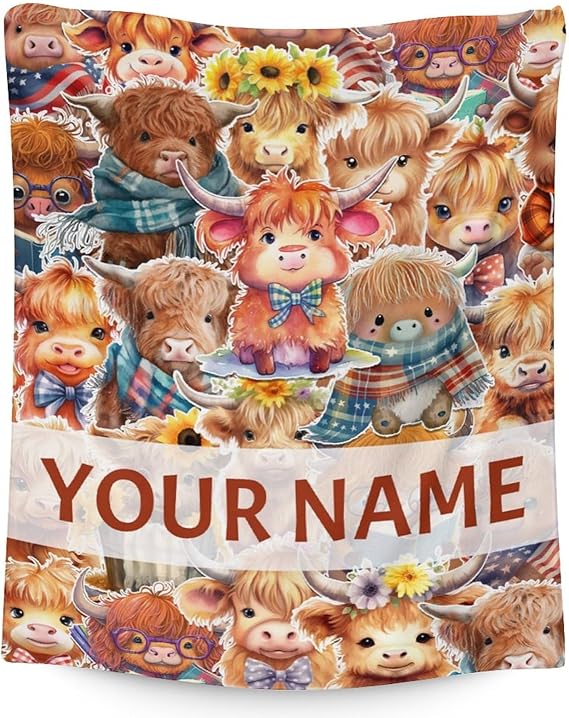 Personalized Highland Cow Blanket Gifts with Name - 60x80 Inches Cute Throw Blanket for Girls & Boys - Brown Soft Fuzzy Blankets for Bed, Couch & Living Room