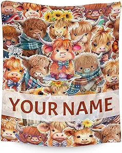 Personalized Highland Cow Blanket Gifts with Name - 60x80 Inches Cute Throw Blanket for Girls & Boys - Brown Soft Fuzzy Blankets for Bed, Couch & Living Room