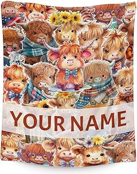 Personalized Highland Cow Blanket Gifts with Name - 60x80 Inches Cute Throw Blanket for Girls & Boys - Brown Soft Fuzzy Blankets for Bed, Couch & Living Room