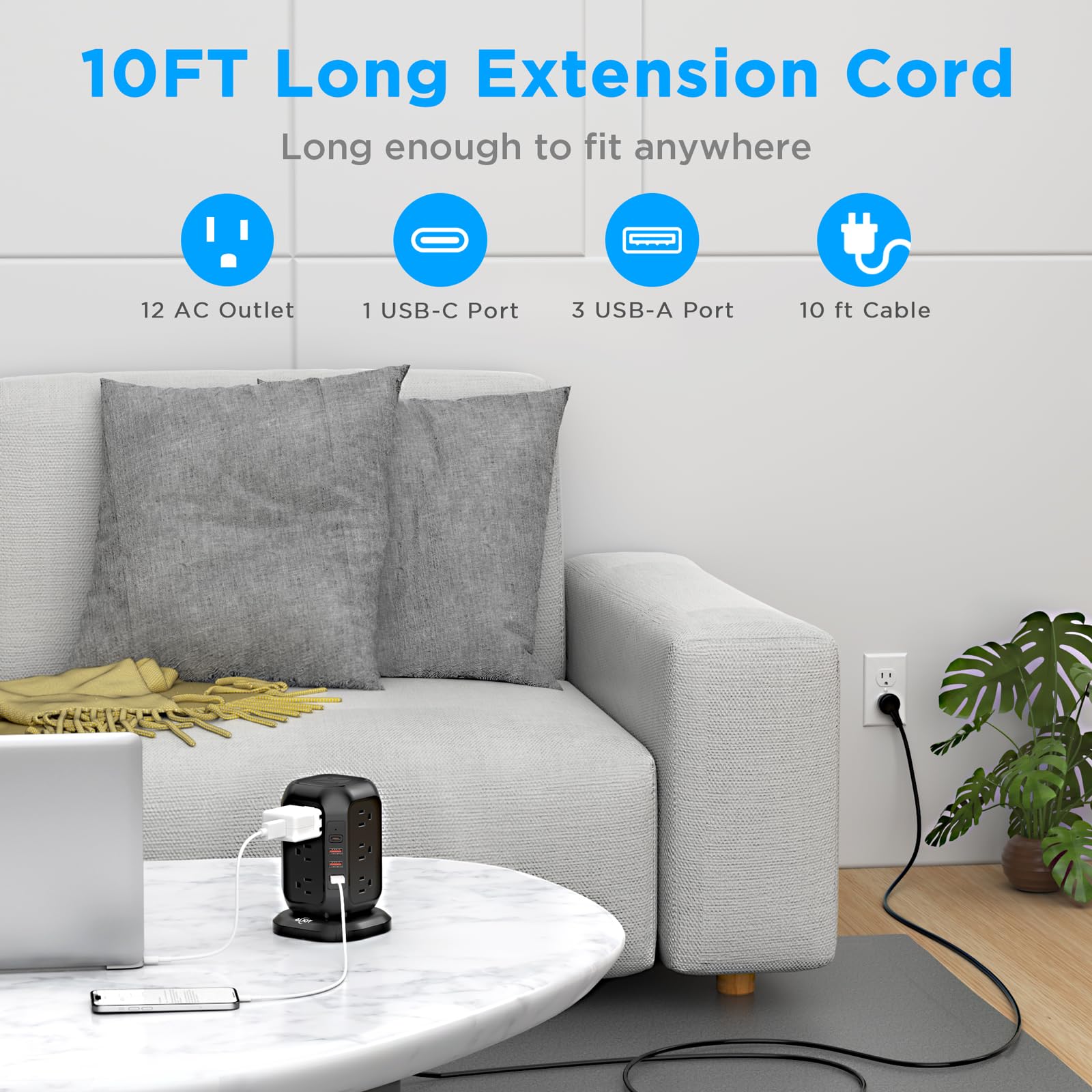 Power Strip Tower with USB Ports-AiJoy Surge Protector with 12 AC Outlet and 4 USB Ports, 10 Ft Extension Cord with Multiple Outlets, Charging Station with Overload Protection, for Home Office Dorm — Amazon image 3