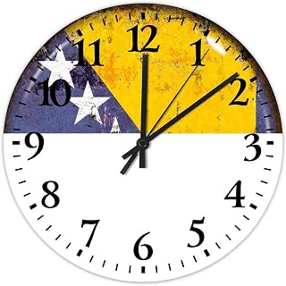 Wood Hanging Wall Clock Non-Ticking Sweep Movement Bosnia and Herzegovina Frameless Wall Clocks World State Map Flag Wooden Wall Decor for Yoga Room Kitchen Above Fireplace 15 Inch
