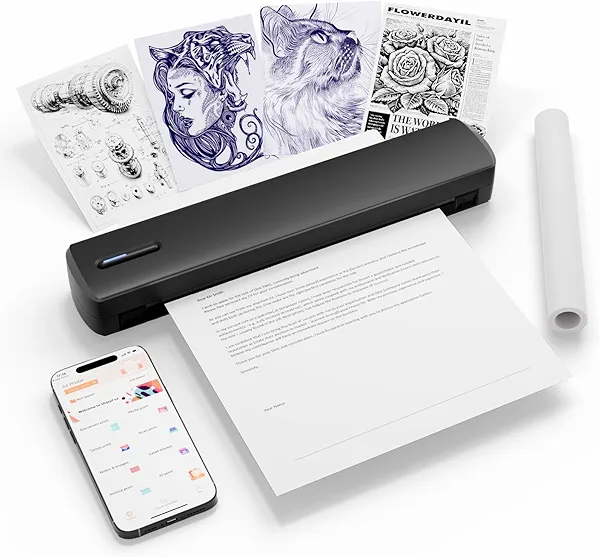 Tattoo Stencil Portable Thermal Printer: Wireless Bluetooth Transfer Machine Supports 8.5 x 11 Letter A4 A5 Sizes - Perfect for Tattooist Business Trip Travel Home Office - Laptop Smartphone and PC