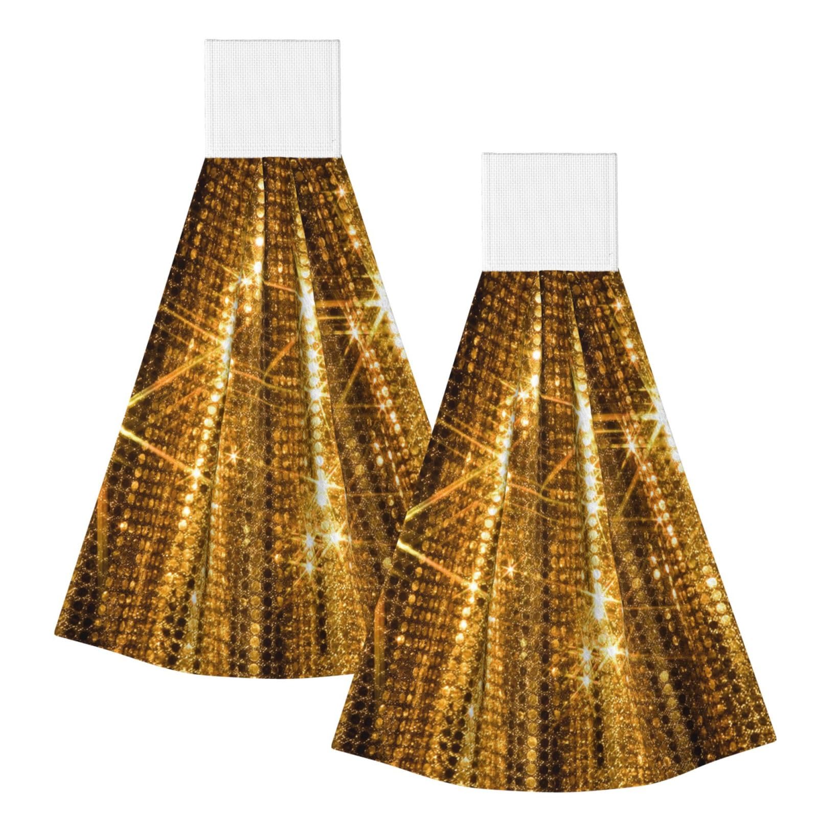 DOPKLNA Gold Sequin Sparkle, 2 Pcs Hanging Coral Fiber Hand Towels for Bathroom, Absorbent Kitchen Towels