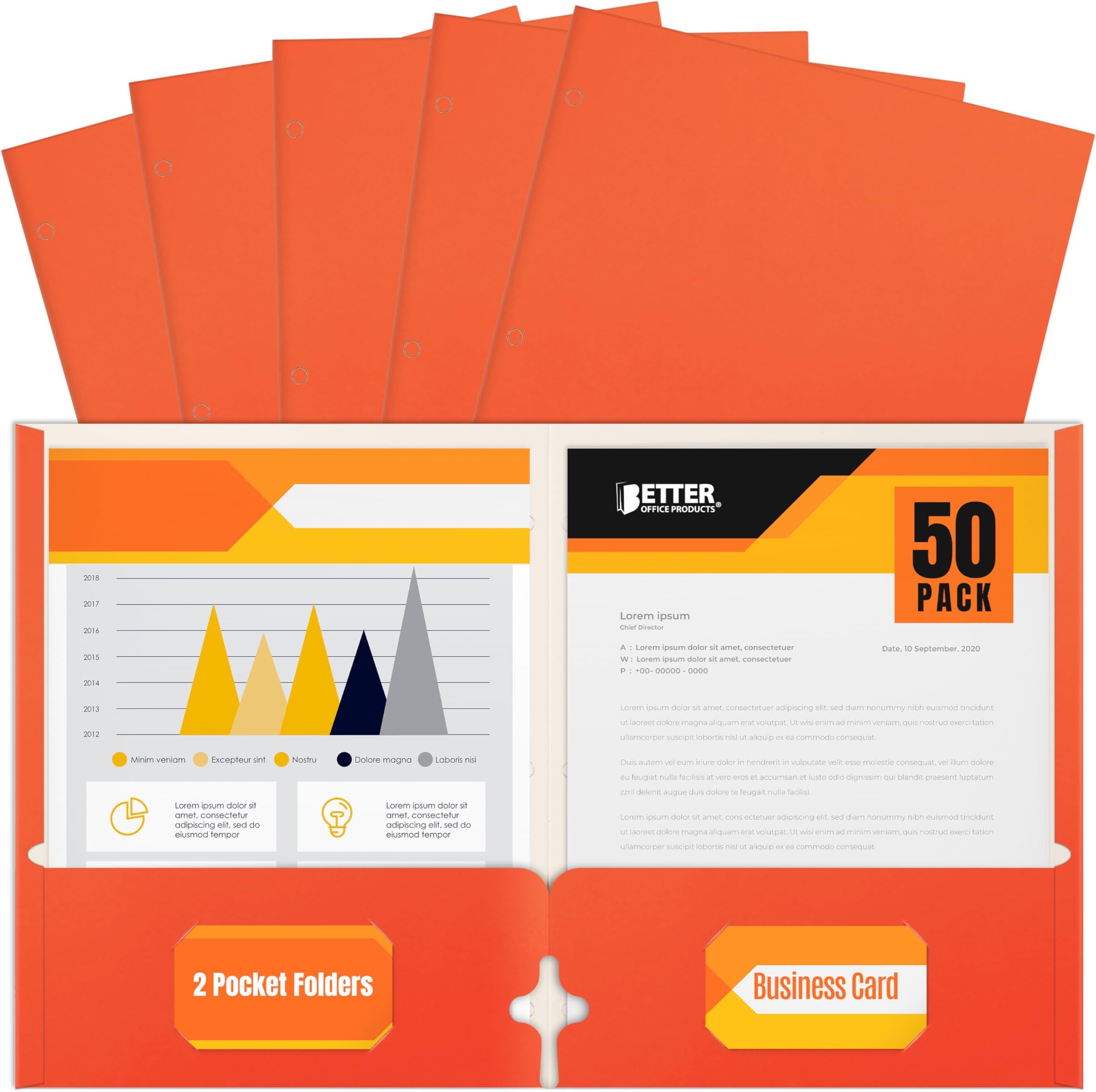 Better Office Products Two Pocket Portfolio Folders, 50-Pack, Orange, Letter Size Paper Folders, 50 Pieces, Orange
